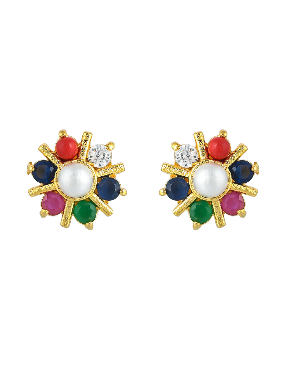Women's Pearl Bead And Coloured Cz Gems Stud Earrings - Voylla