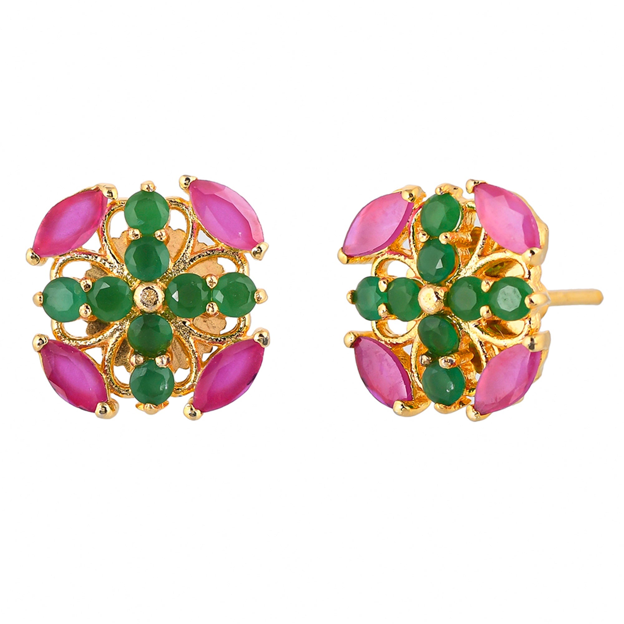 Women's Green And Pink Cz Gemstones Stud Earrings - Voylla