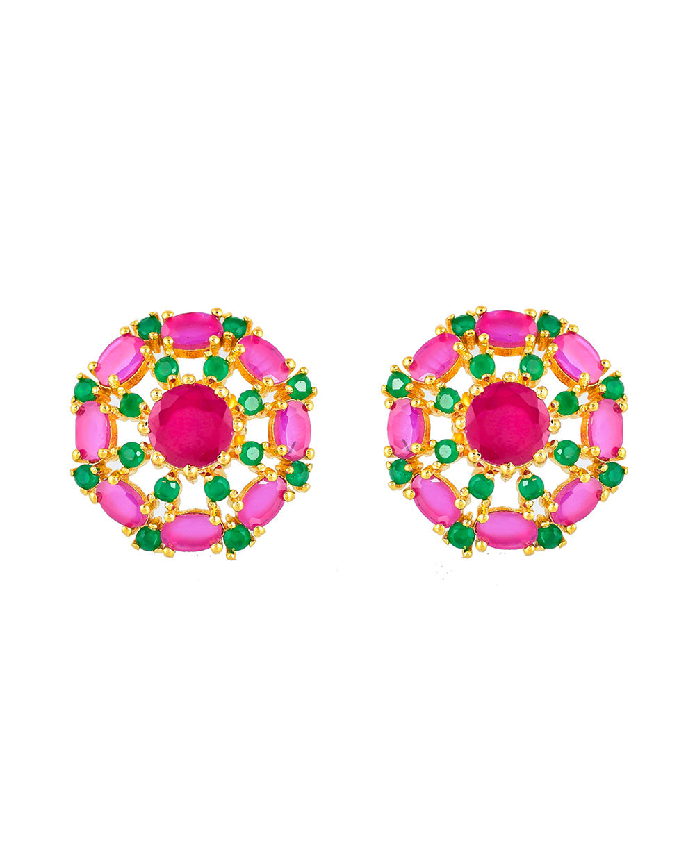 Women's Green And Pink Zirconia Gemstones Round Stud Earrings - Voylla