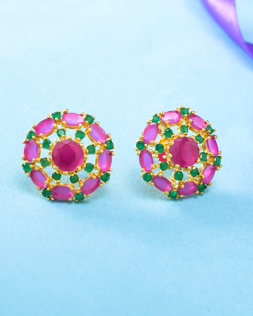 Women's Green And Pink Zirconia Gemstones Round Stud Earrings - Voylla