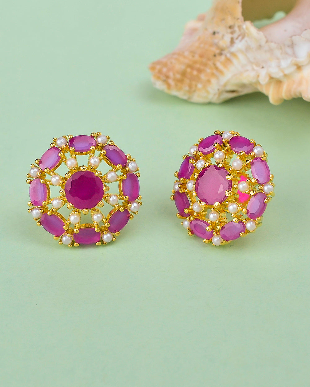Women's Pearl Beaded Pink Zirconia Gemstones Stud Earrings - Voylla