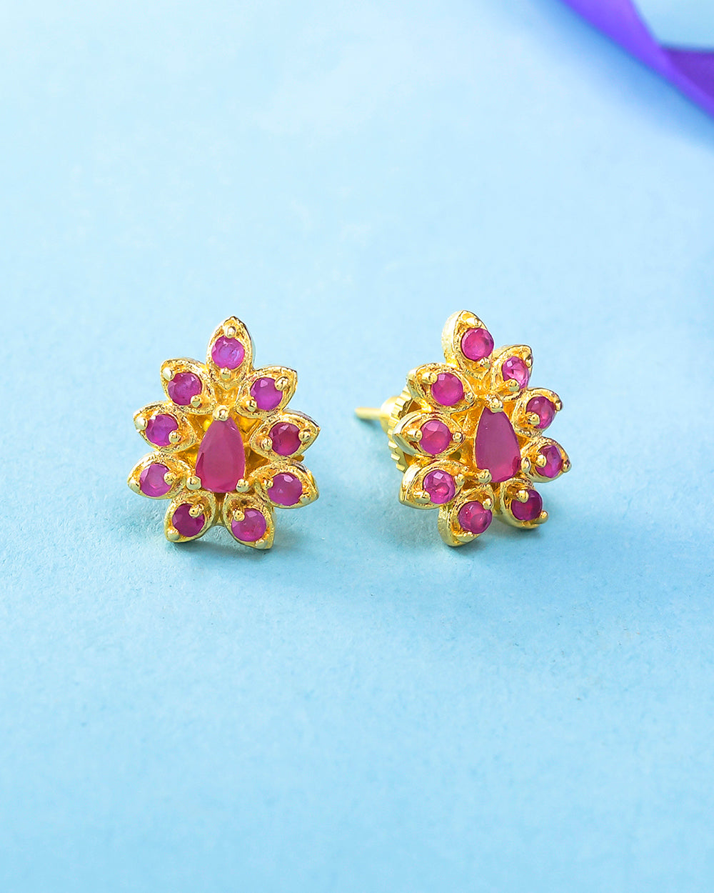 Women's Pink Zirconia Gems Gold Plated Stud Earrings - Voylla