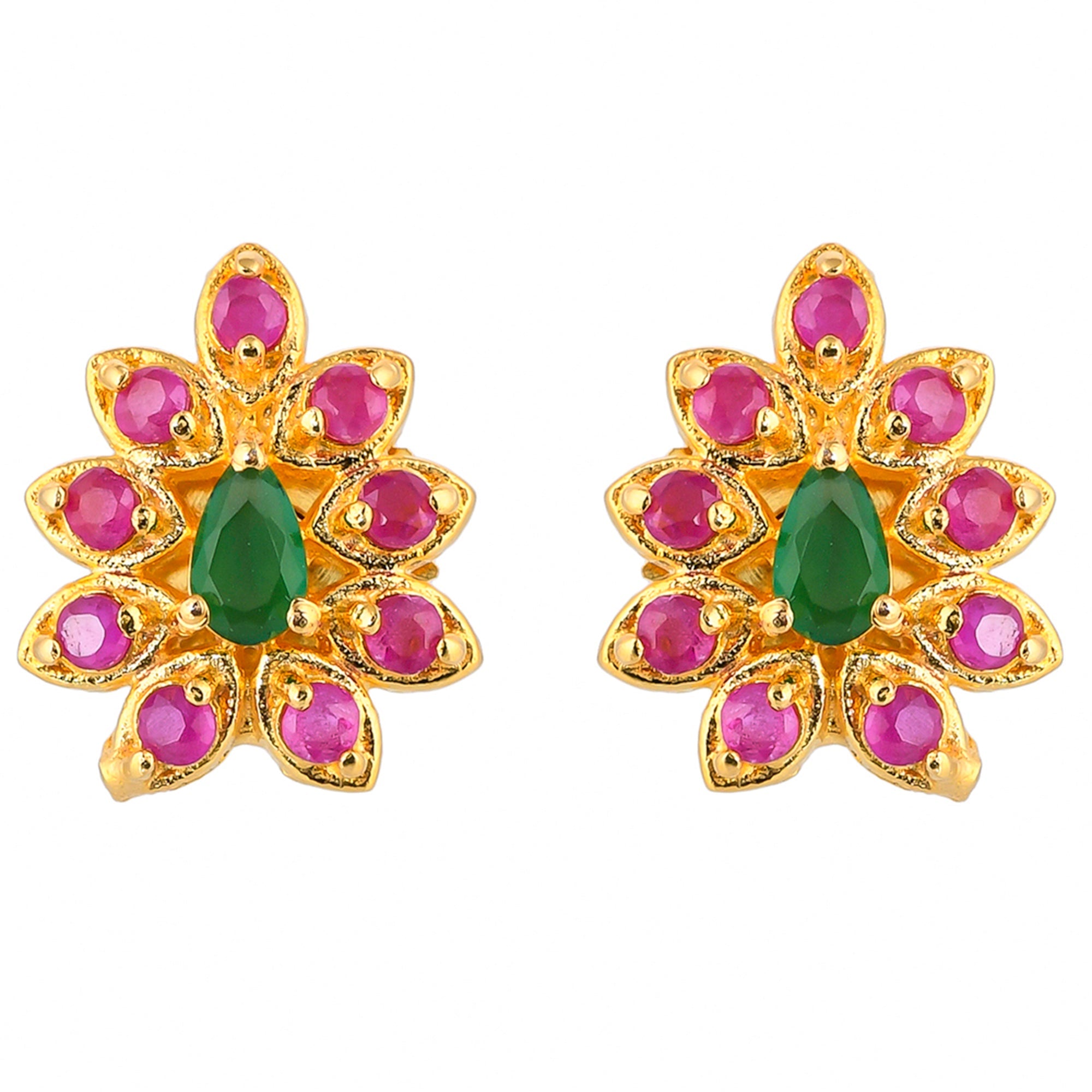 Women's Pink And Green Zircons Stud Earrings - Voylla