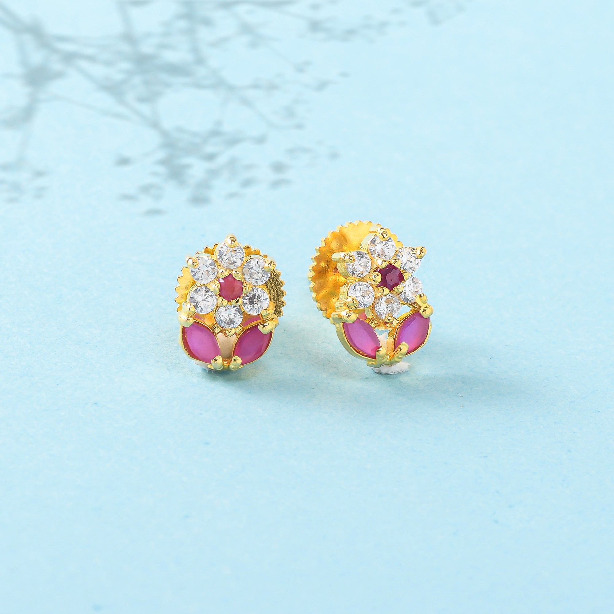Women's Pearl Beads Pink Cz Gems Floral Earrings - Voylla