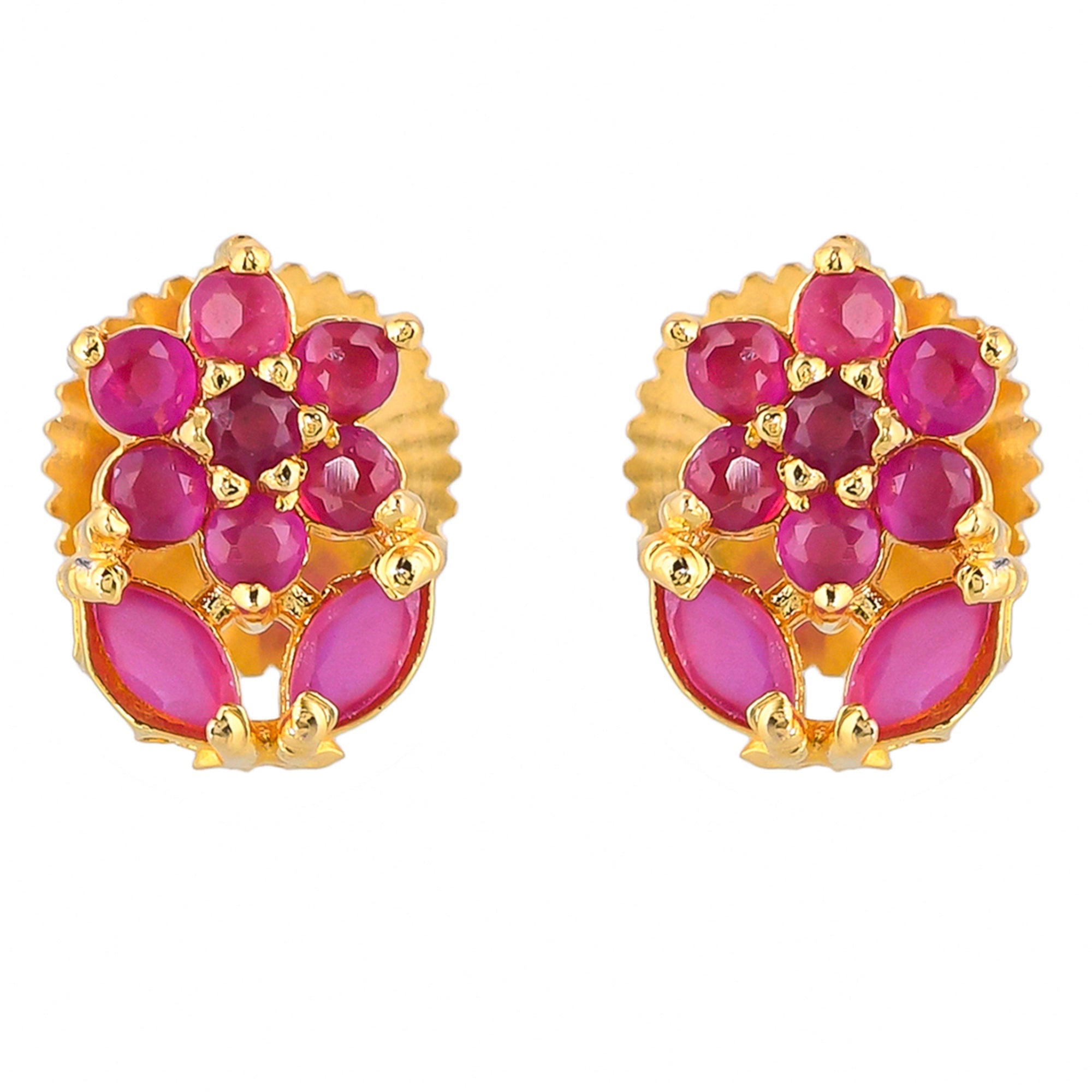 Women's Pink Cz Gems Floral Stud Earrings - Voylla