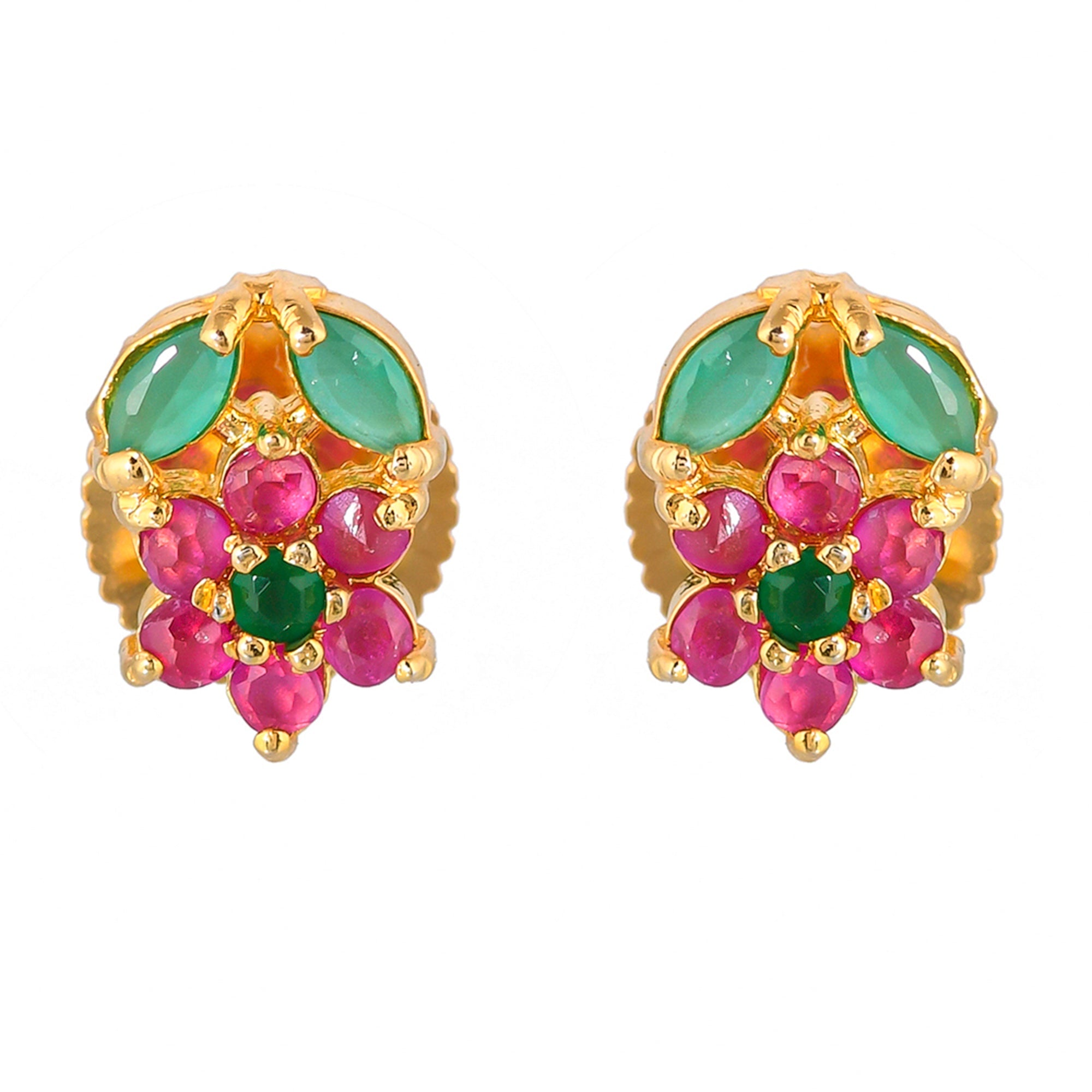 Women's Pink And Green Zircon Gems Floral Stud Earrings - Voylla