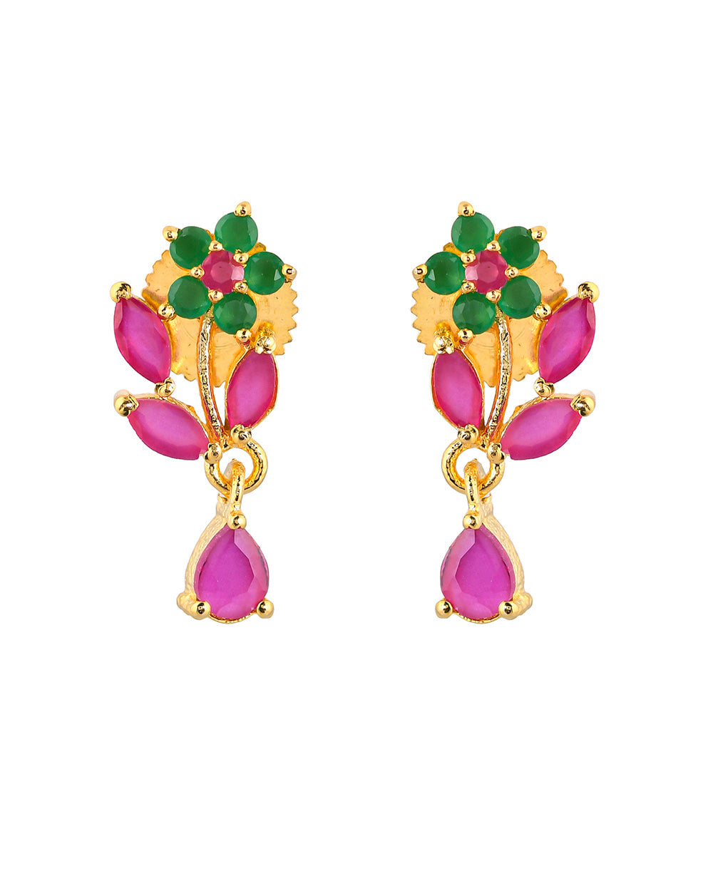 Women's Floral Motif Teardrop Coloured Cz Tiny Drop Earrings - Voylla
