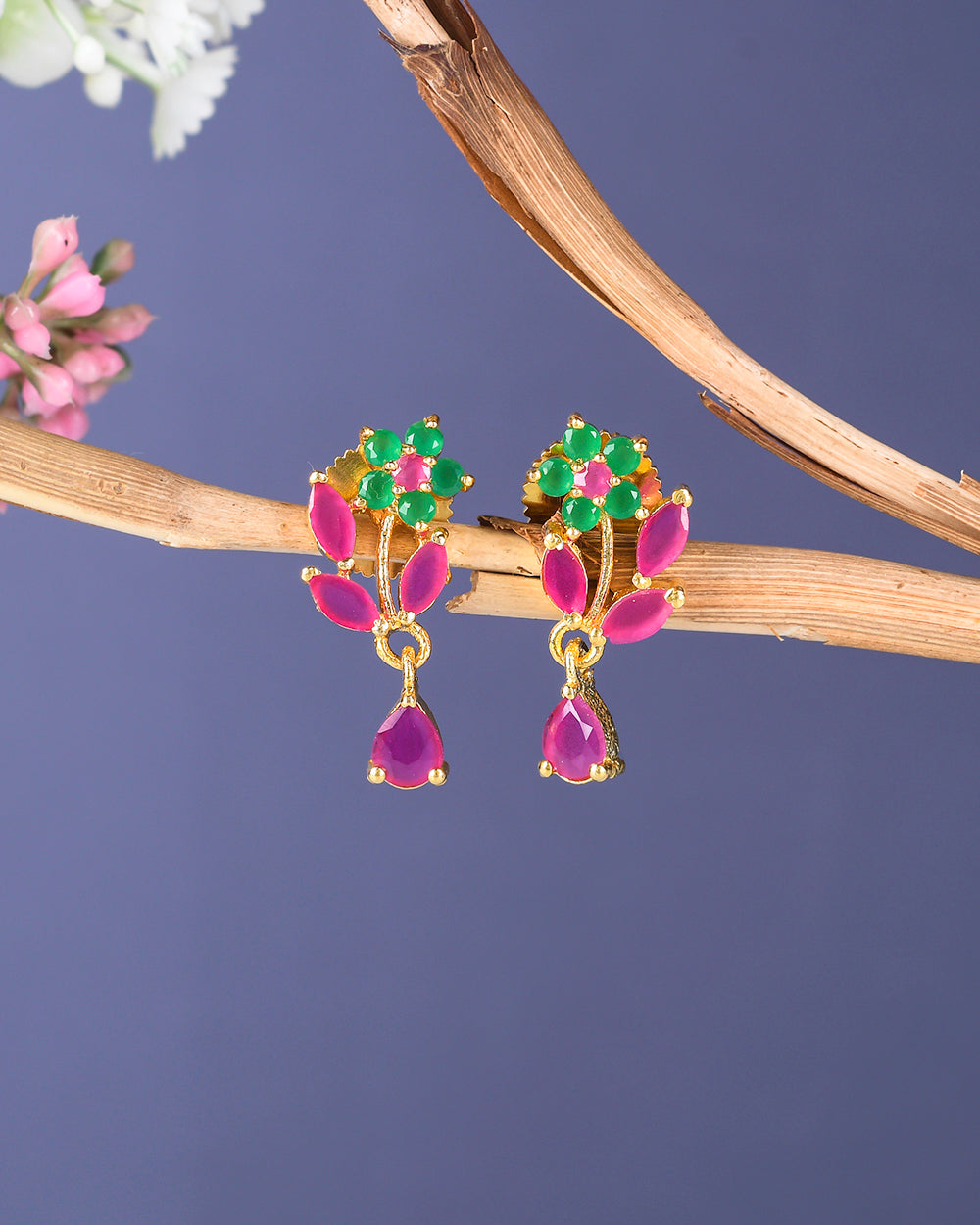 Women's Floral Motif Teardrop Coloured Cz Tiny Drop Earrings - Voylla