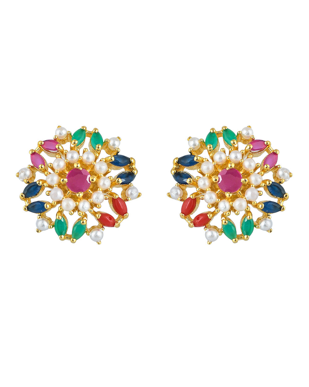 Women's Coloured Zircon Gems And White Pearl Beads Stud Earrings - Voylla