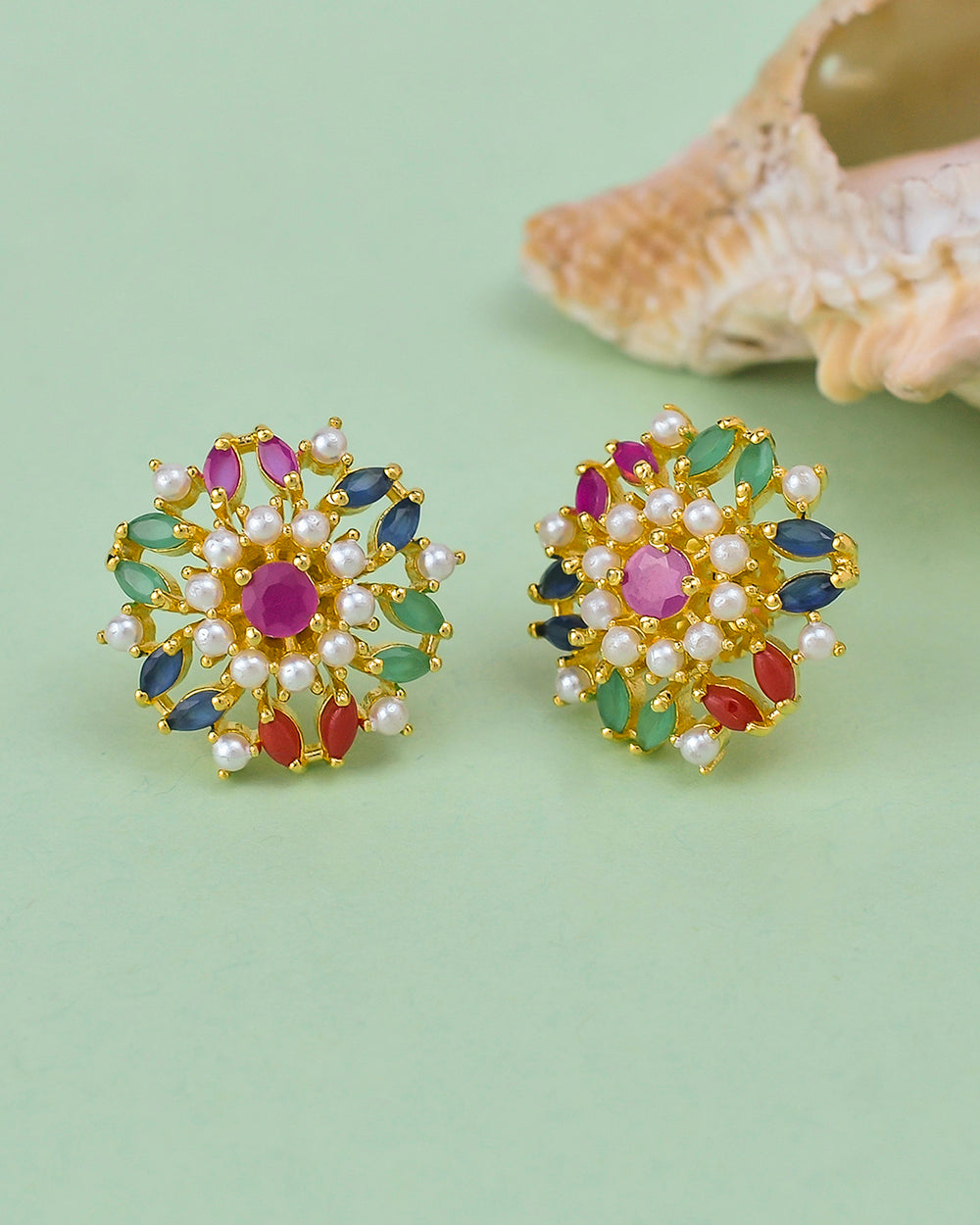 Women's Coloured Zircon Gems And White Pearl Beads Stud Earrings - Voylla