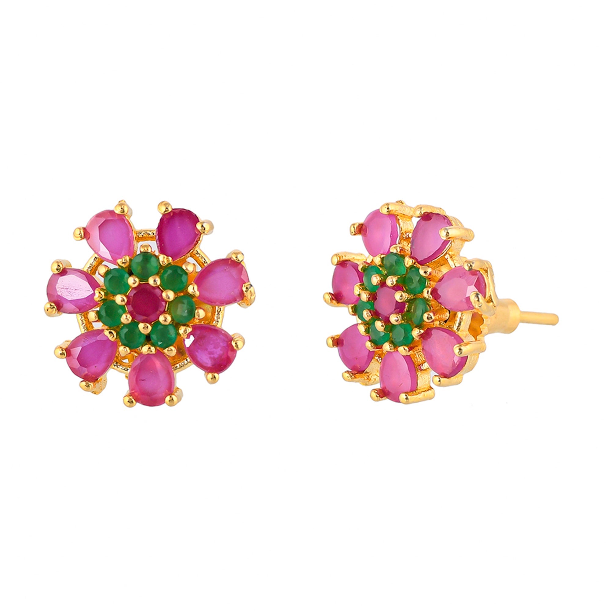 Women's Tiny Pink And Green Cz Gems Stud Earrings - Voylla