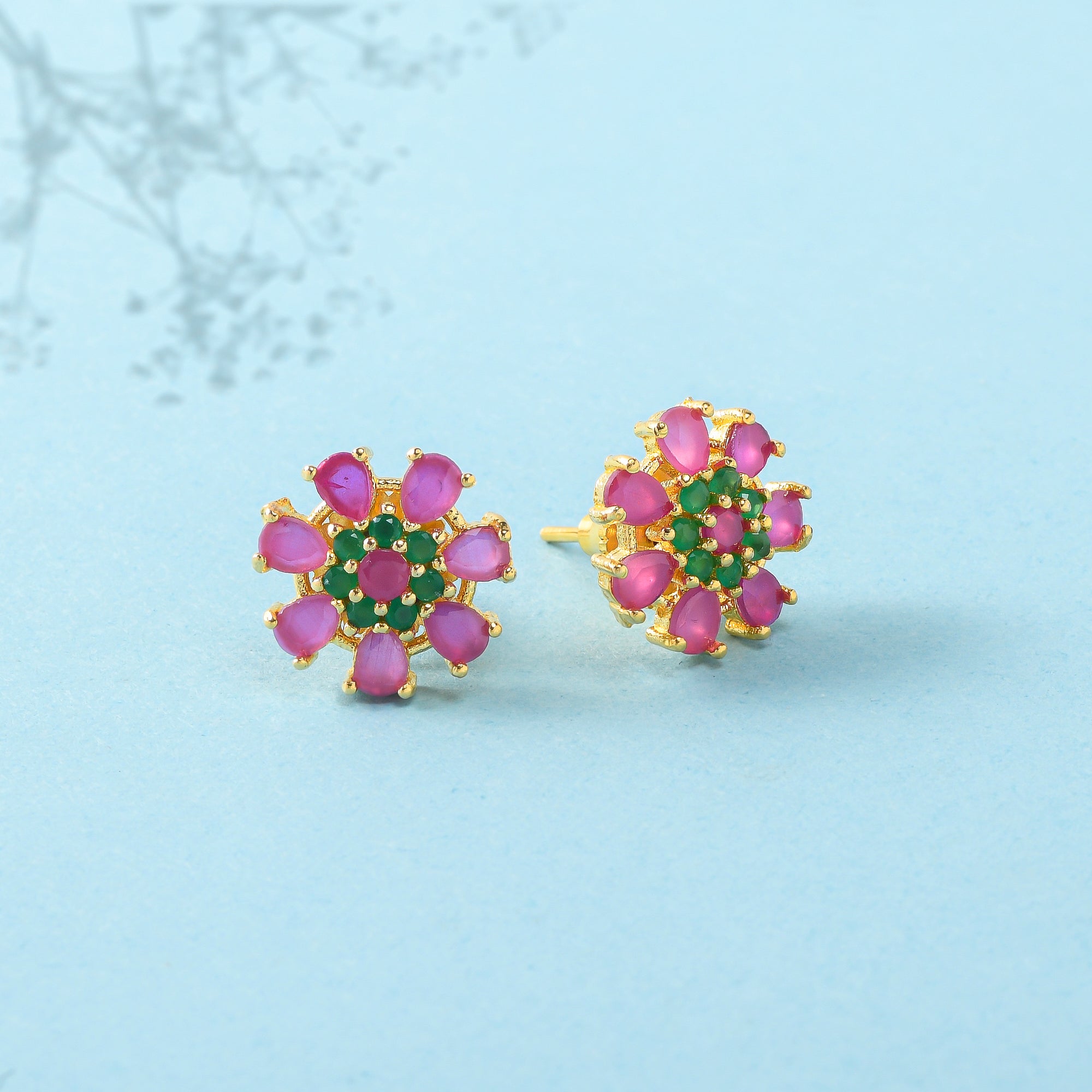 Women's Tiny Pink And Green Cz Gems Stud Earrings - Voylla