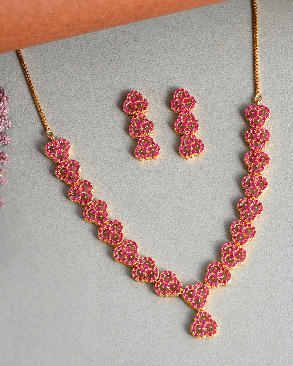 Women's Sparkling Essentials Floral Motif Cluster Setting Pink Cz Gems Jewellery Set - Voylla
