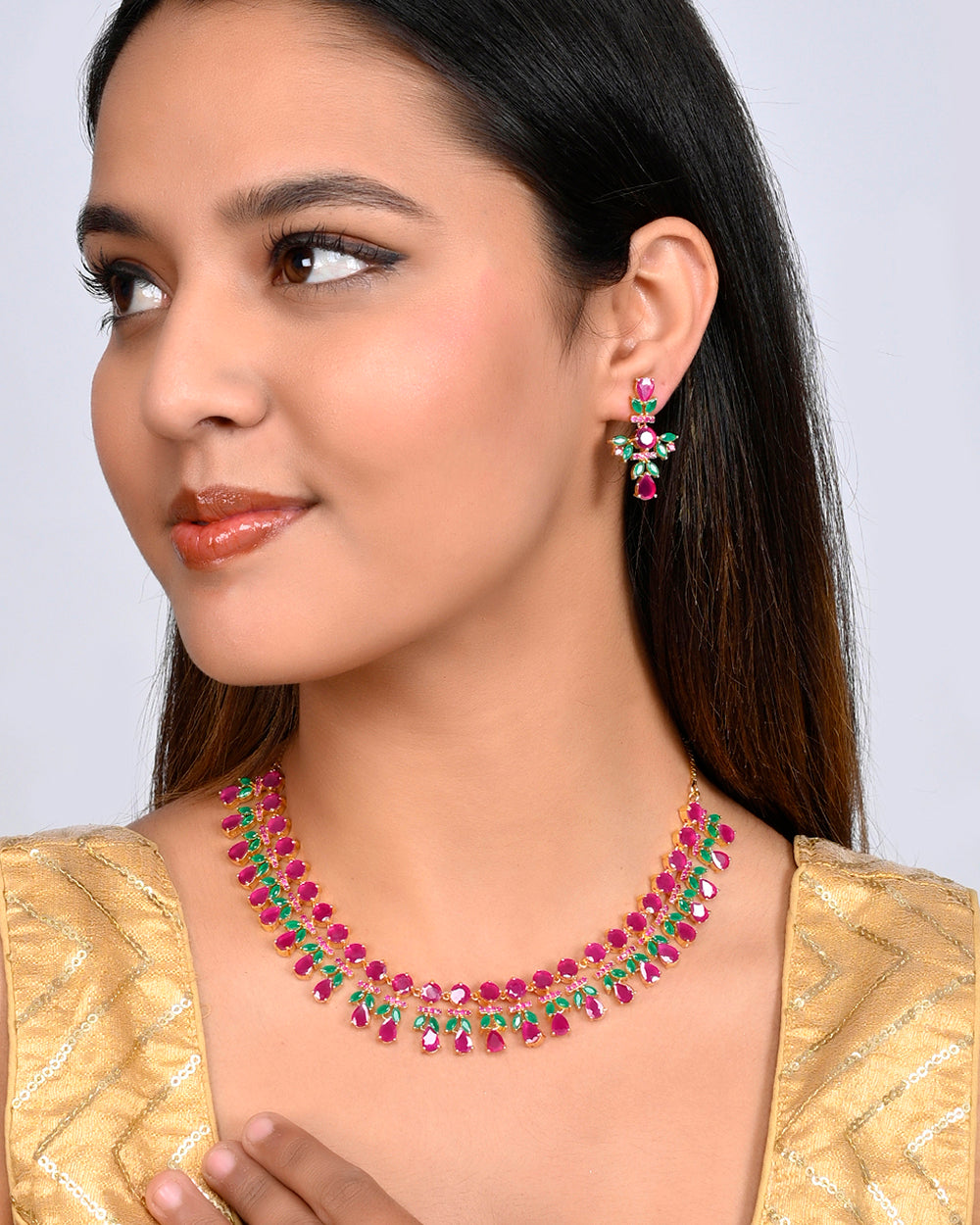 Women's Sparkling Essentials Pink And Green Zircons Gems Jewellery Set - Voylla