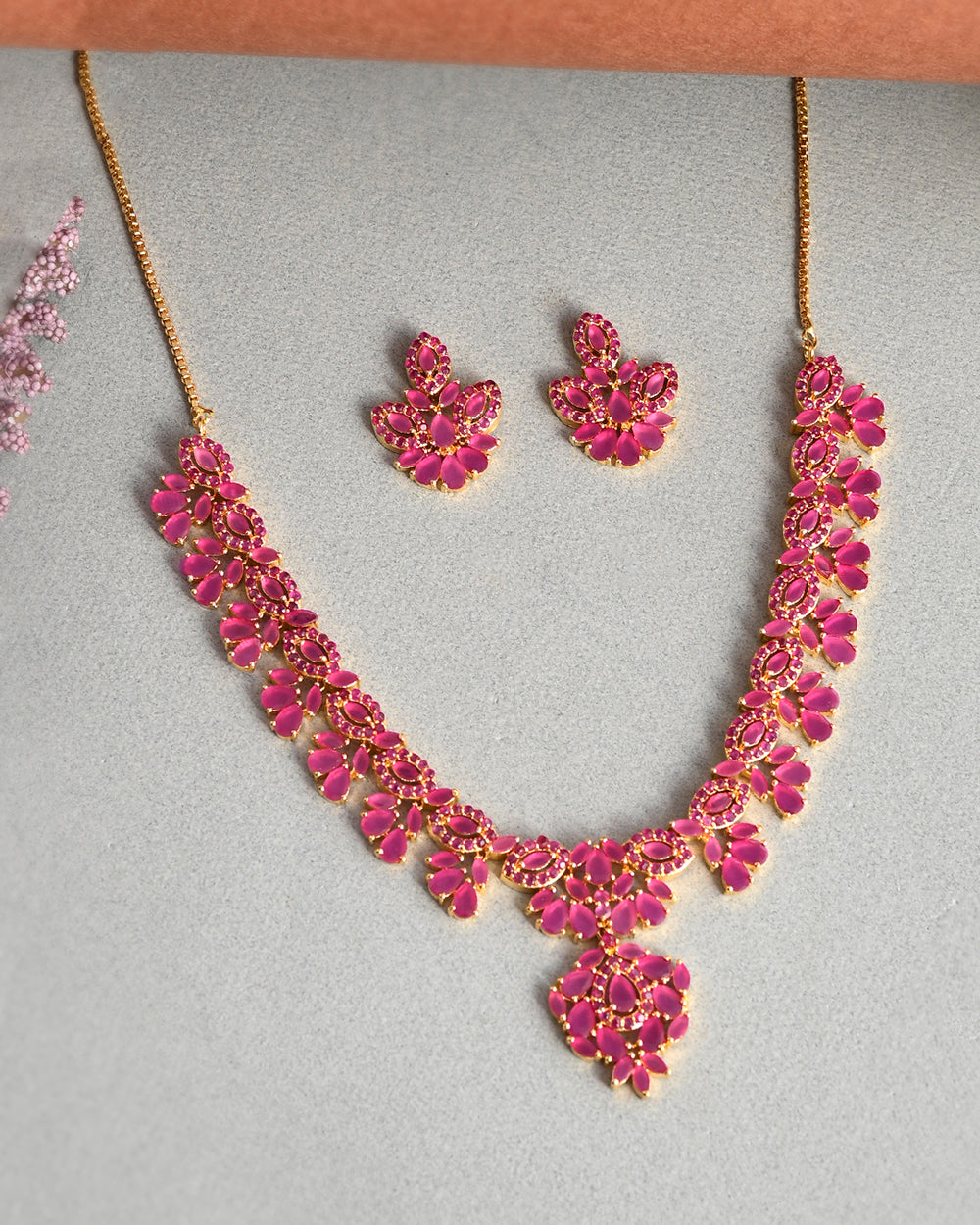 Women's Drop Cut Pink Cz Gems Jewellery Set - Voylla