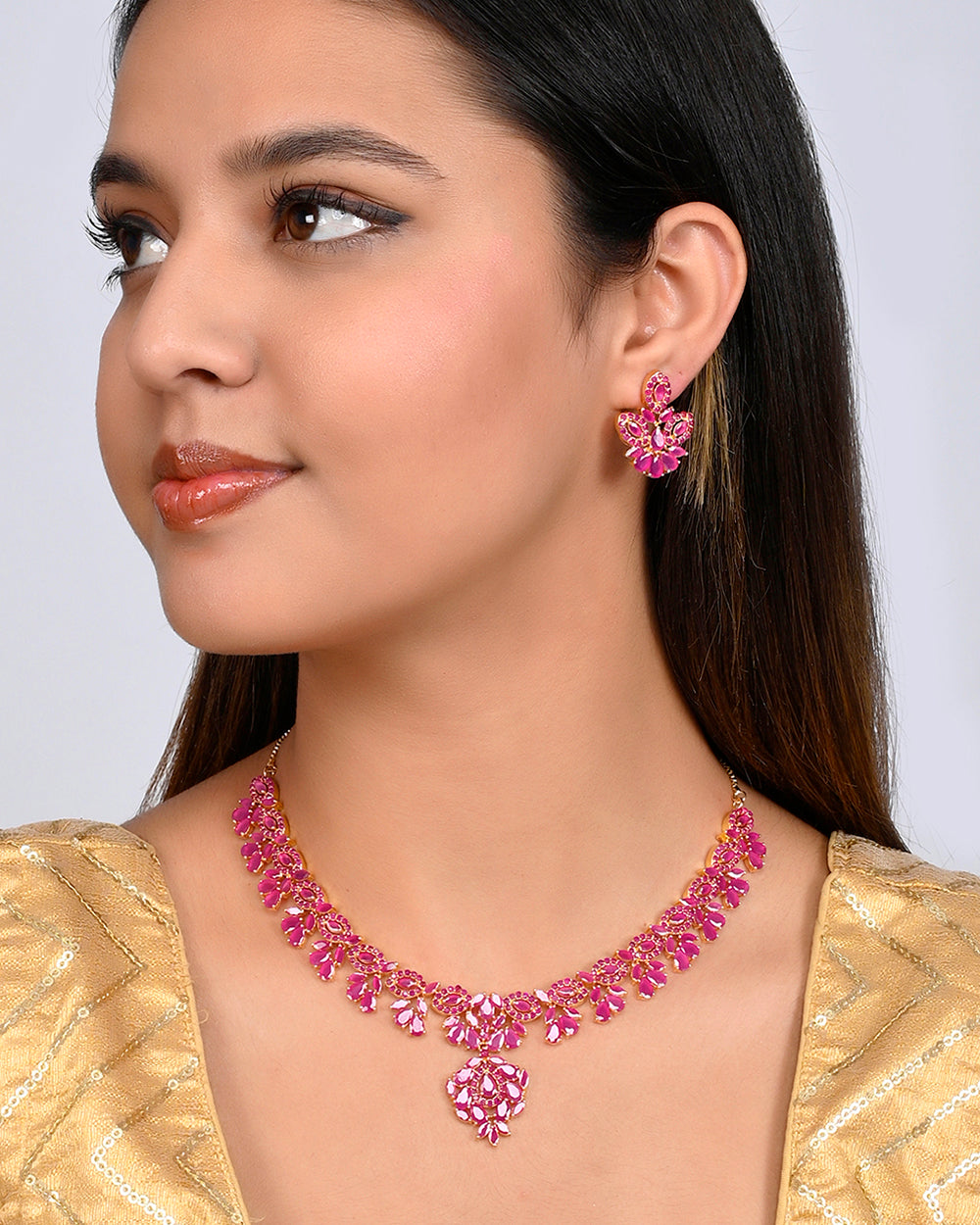 Women's Drop Cut Pink Cz Gems Jewellery Set - Voylla