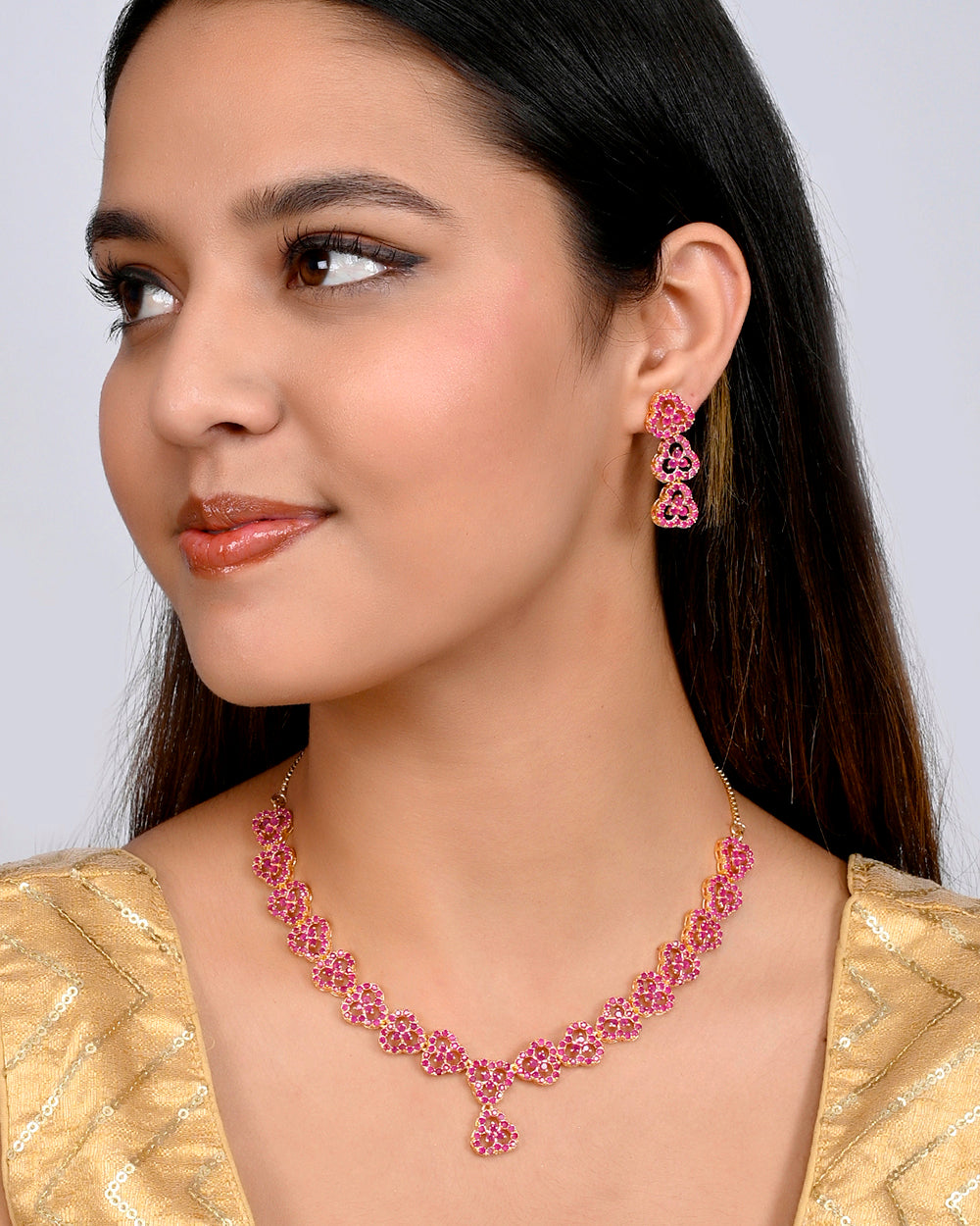 Women's Sparkling Essentials Pink Round Cut Zircons Cutwork Jewellery Set - Voylla
