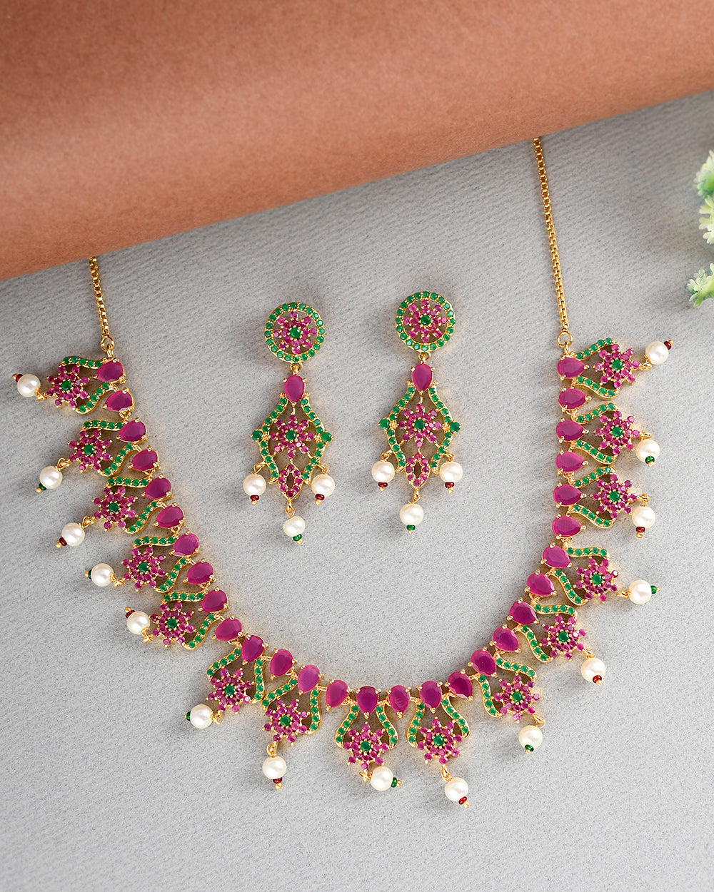 Women's Sparkling Elegance Green And Pink Cz Pearl Beaded Jewellery Set - Voylla