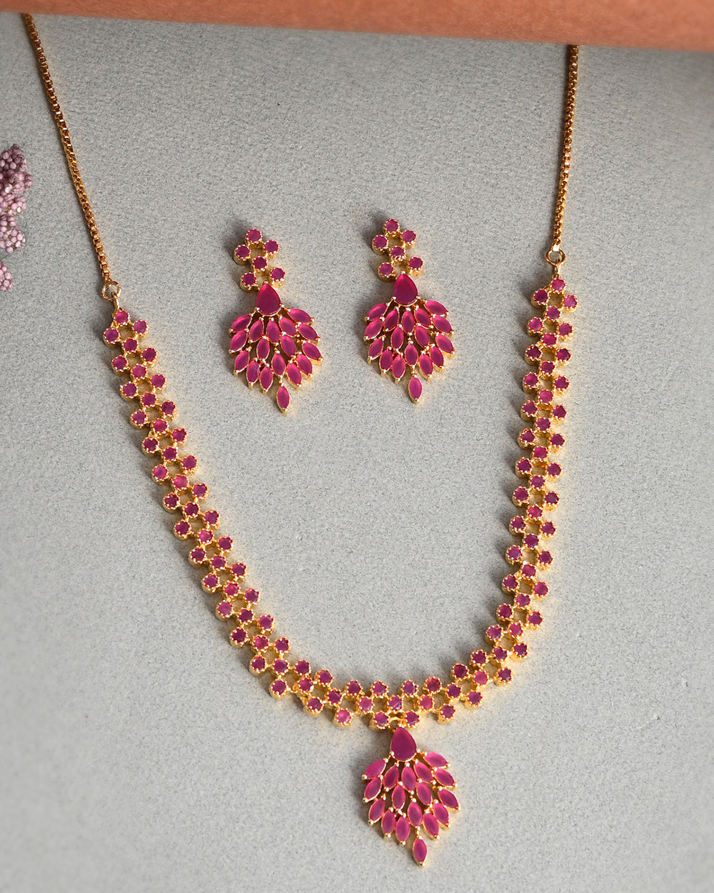 Women's Sparkling Essentials Pink Drop Cut Cz Stones Jewellery Set - Voylla