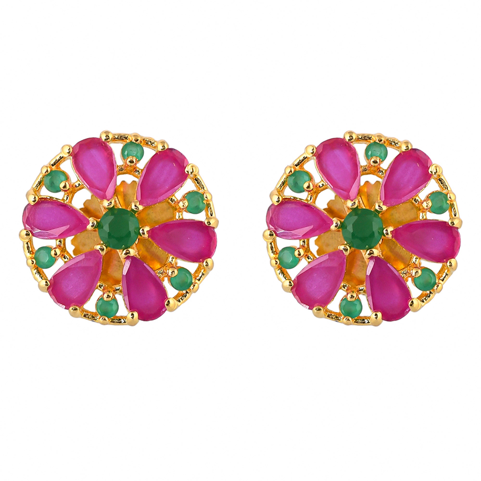 Women's Round Pink And Green Cz Gems Stud Earrings - Voylla