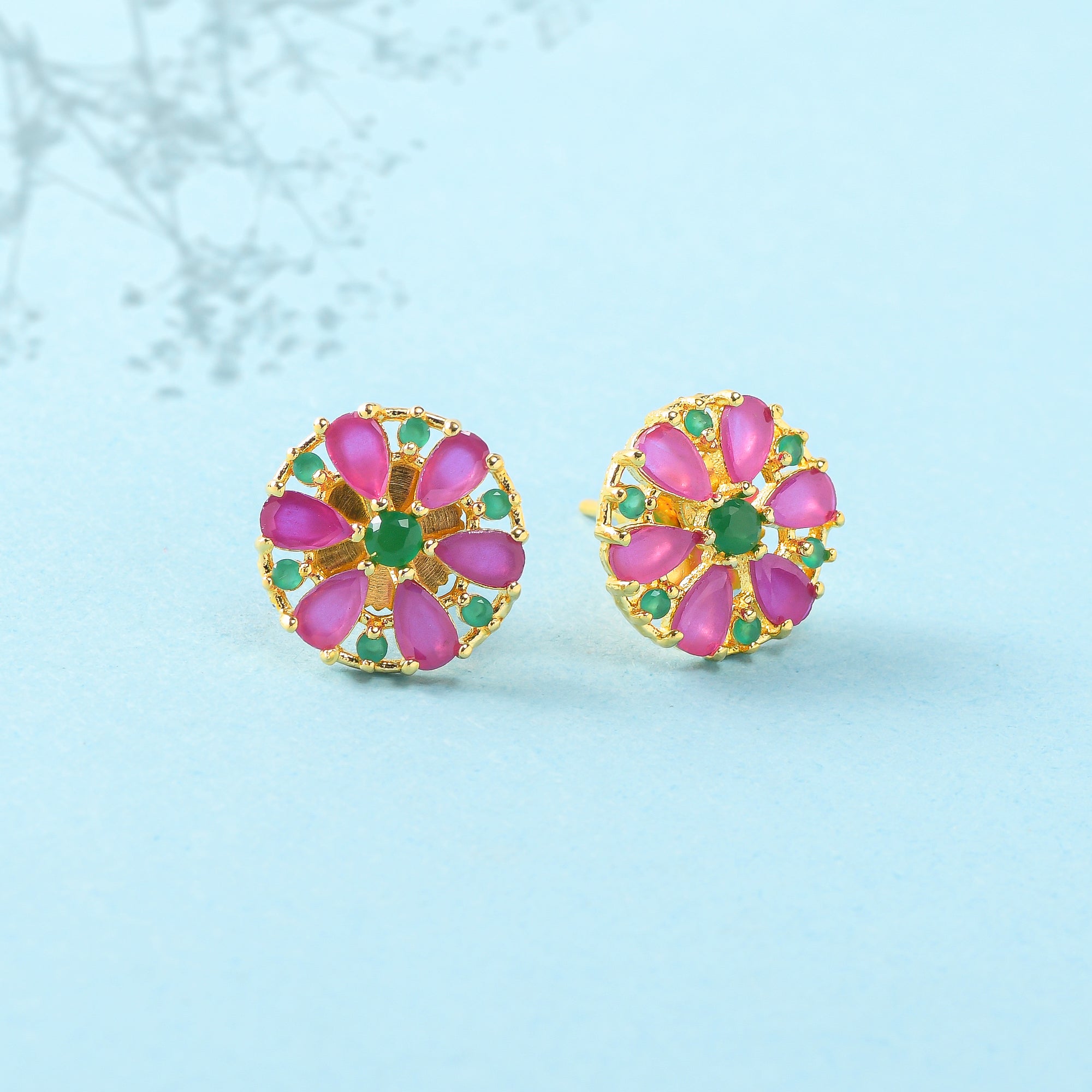 Women's Round Pink And Green Cz Gems Stud Earrings - Voylla