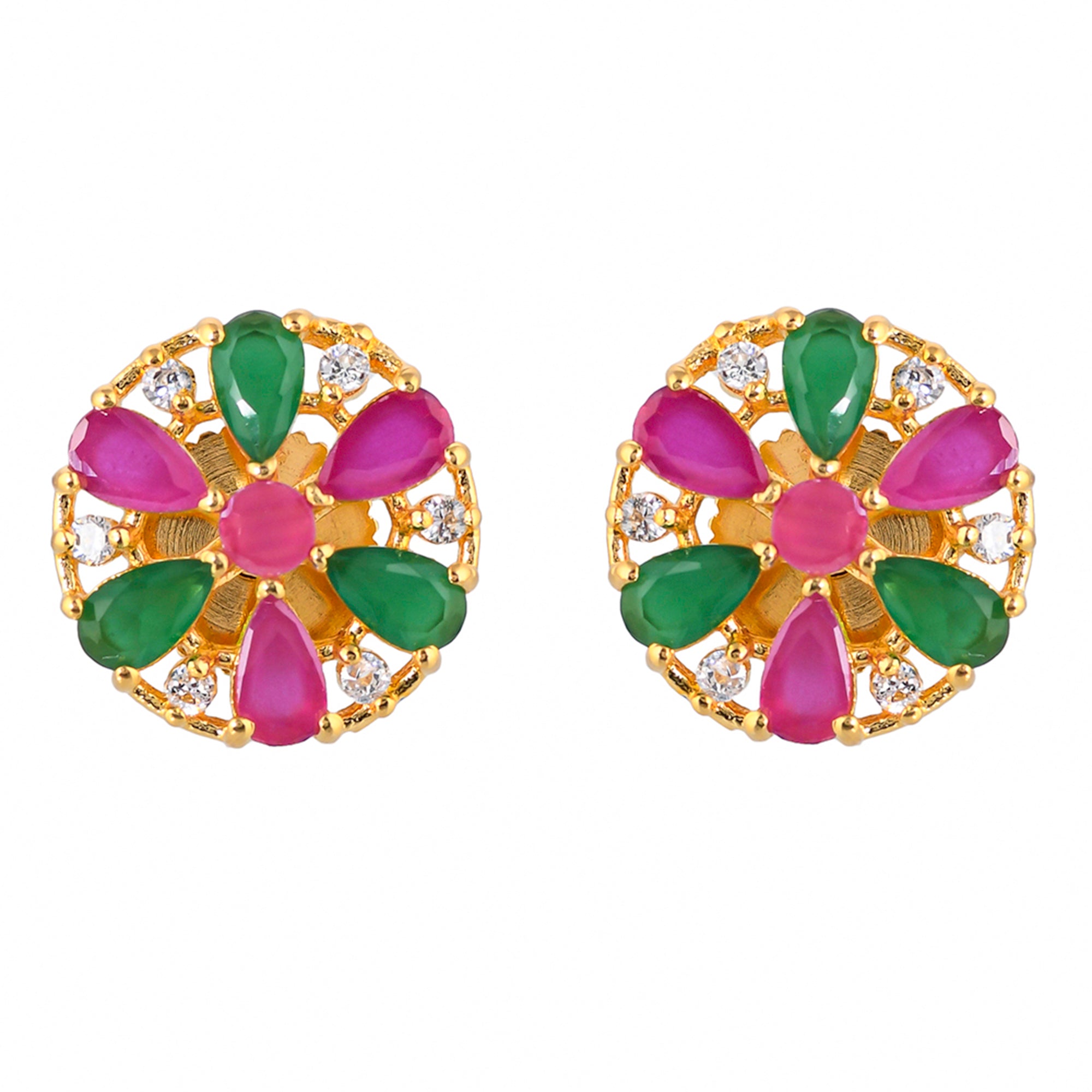 Women's Green And Pink Teardrop Cut Cz Stud Earrings - Voylla