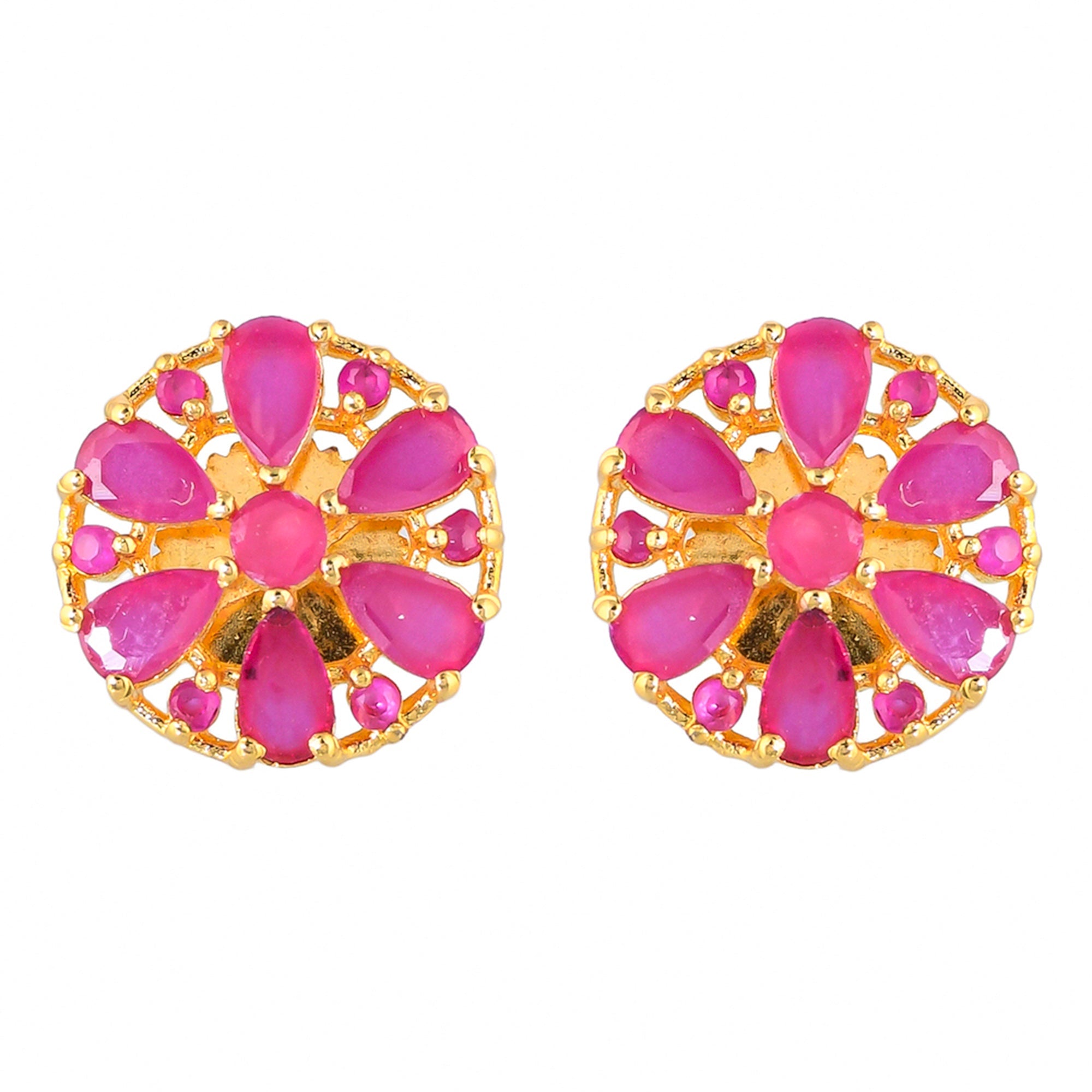 Women's Gold Plated Teardrop And Round Cut Pink Cz Stud Earrings - Voylla