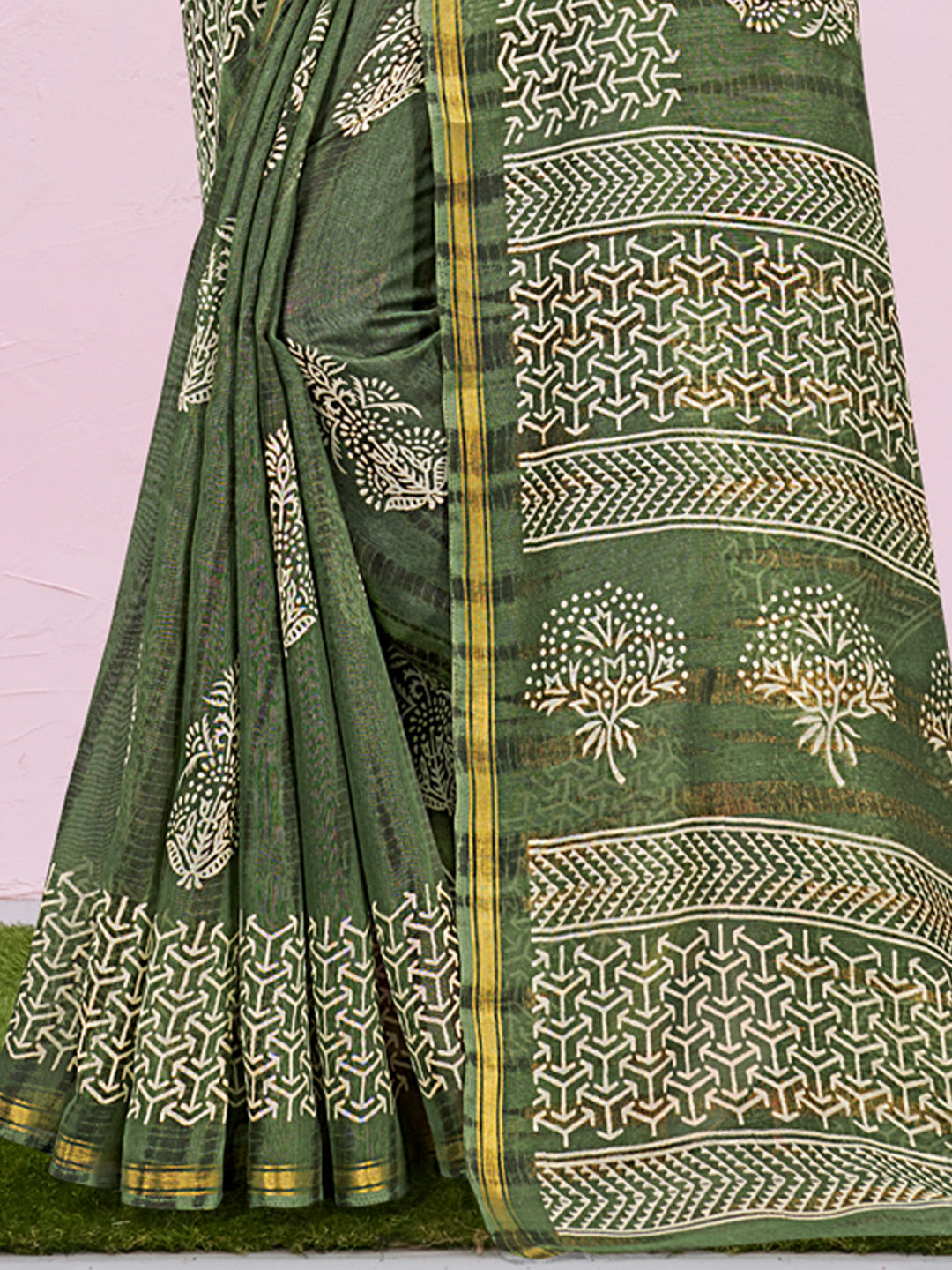 Women's Green Cotton Printed Traditional Saree - Sangam Prints