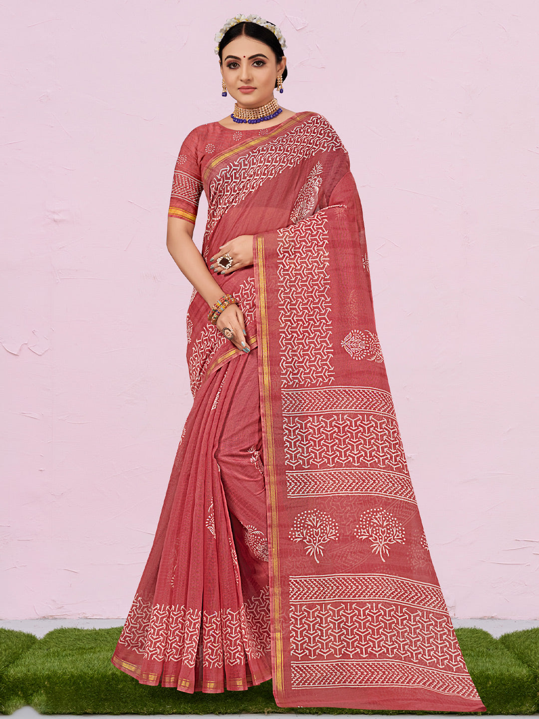 Women's Red Cotton Printed Traditional Saree - Sangam Prints