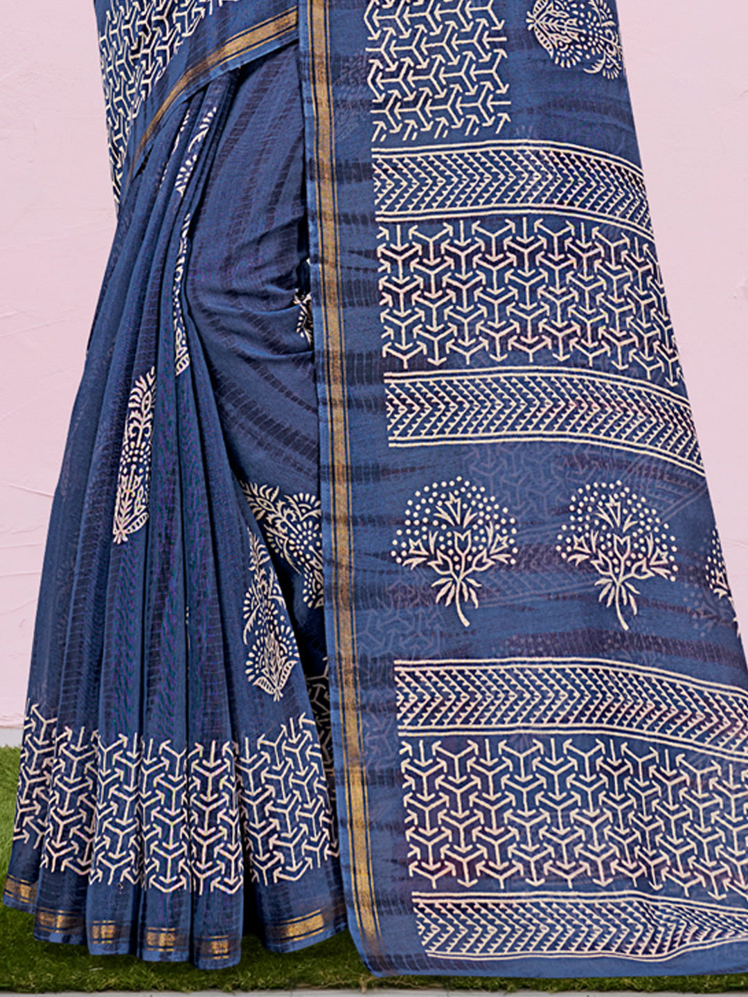 Women's Blue Cotton Printed Traditional Saree - Sangam Prints