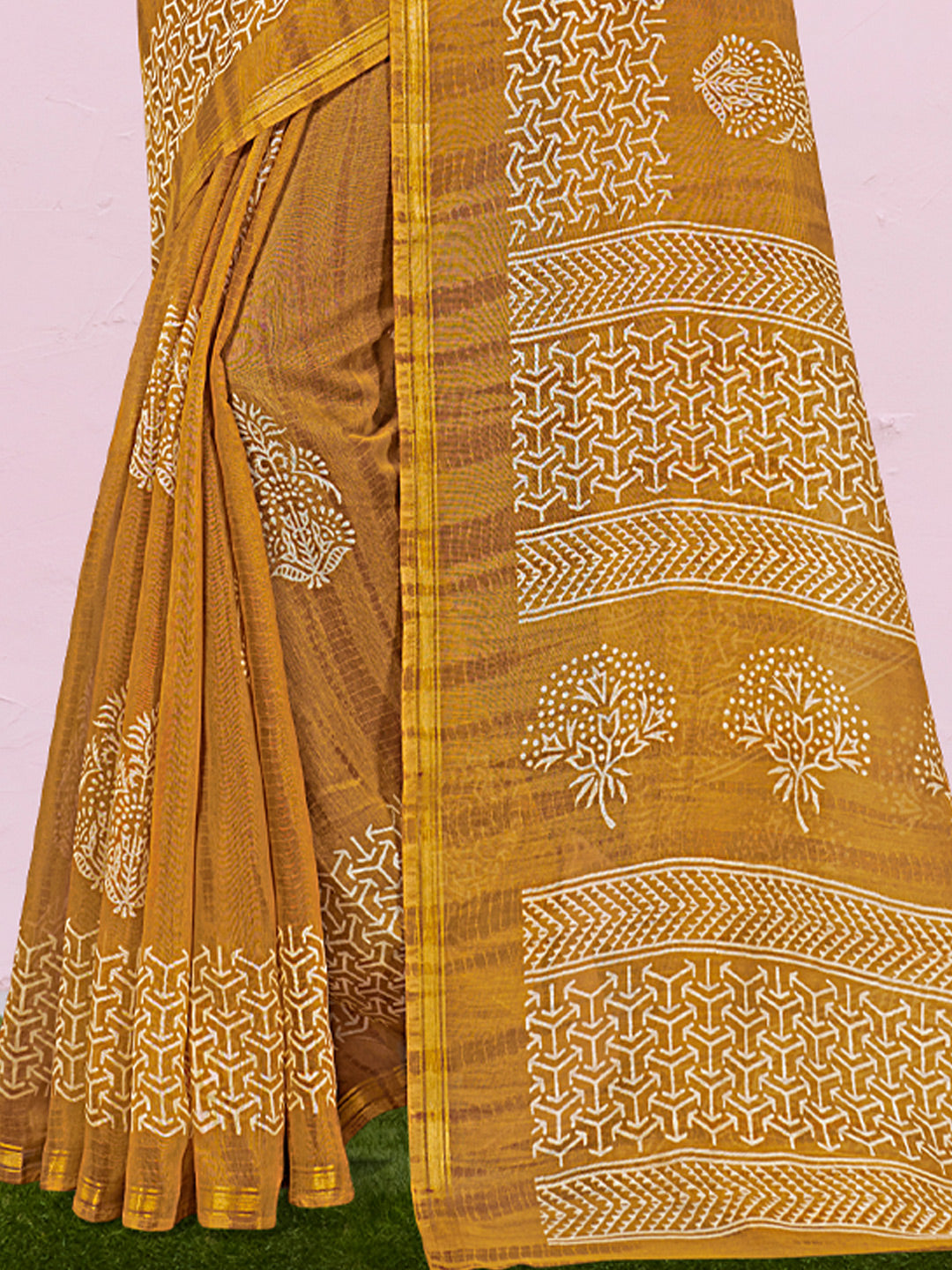Women's Mustard Cotton Printed Traditional Saree - Sangam Prints