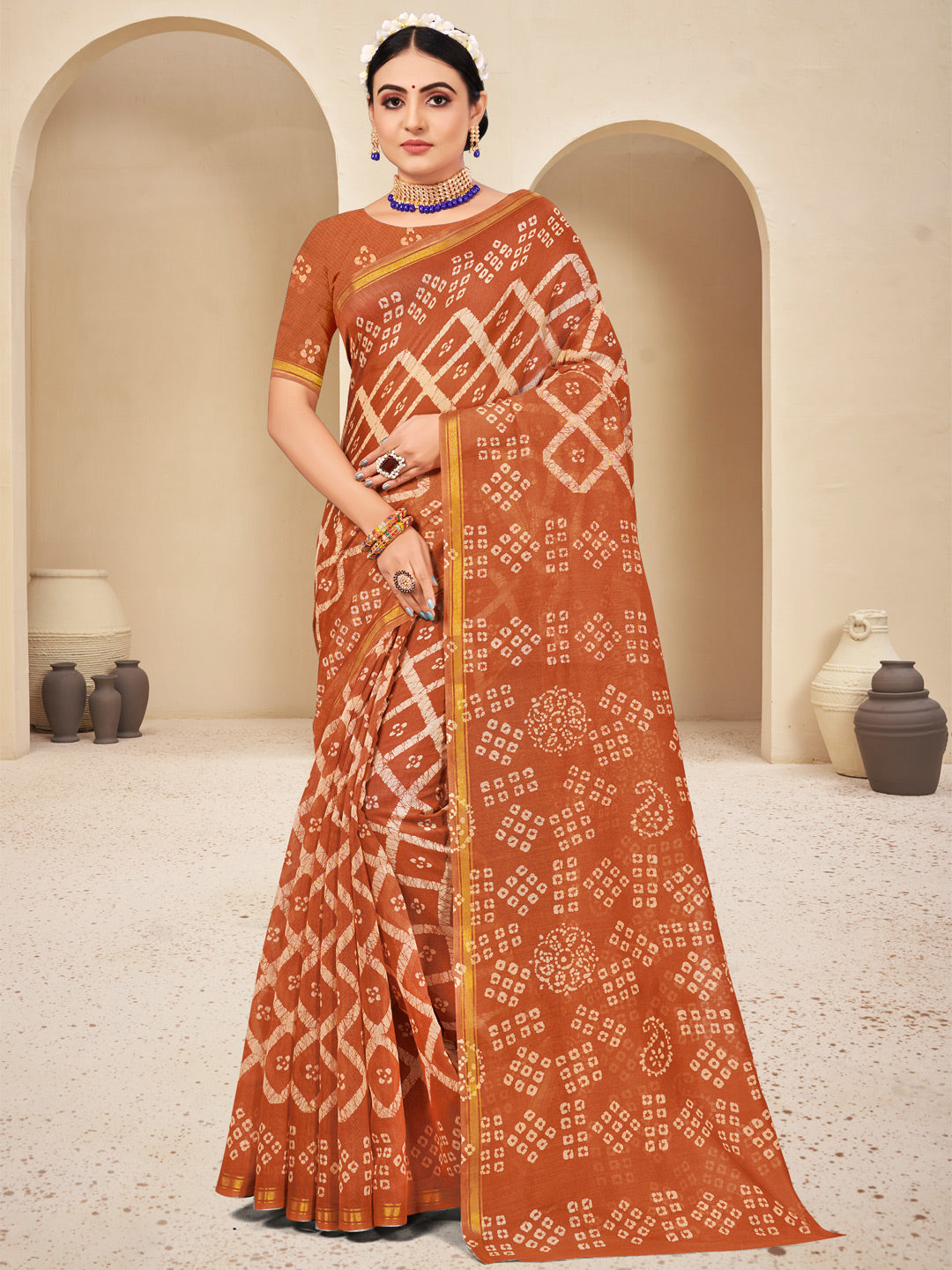 Women's Orange Cotton Printed Traditional Saree - Sangam Prints