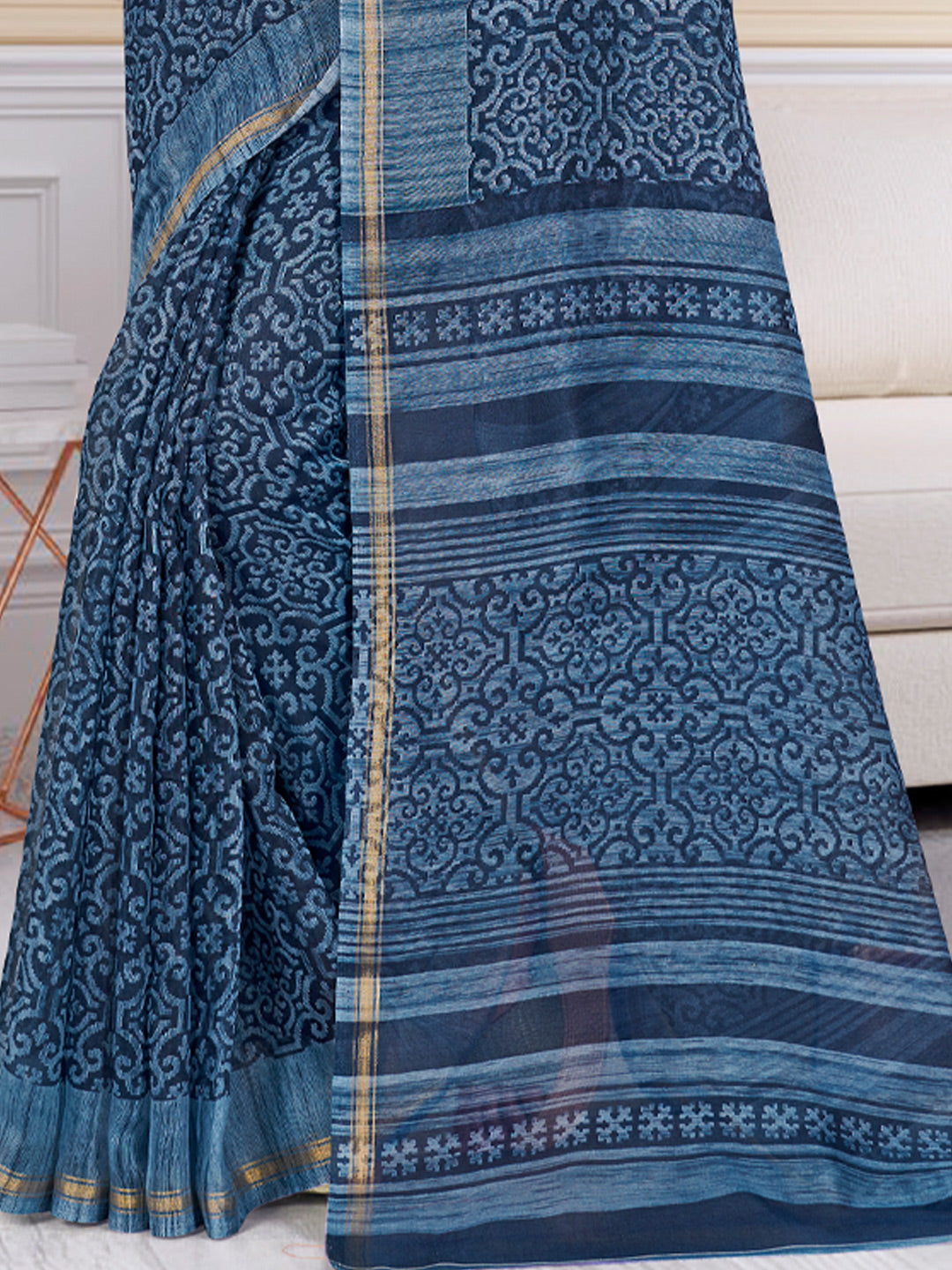 Women's Blue Cotton Printed Traditional Saree - Sangam Prints