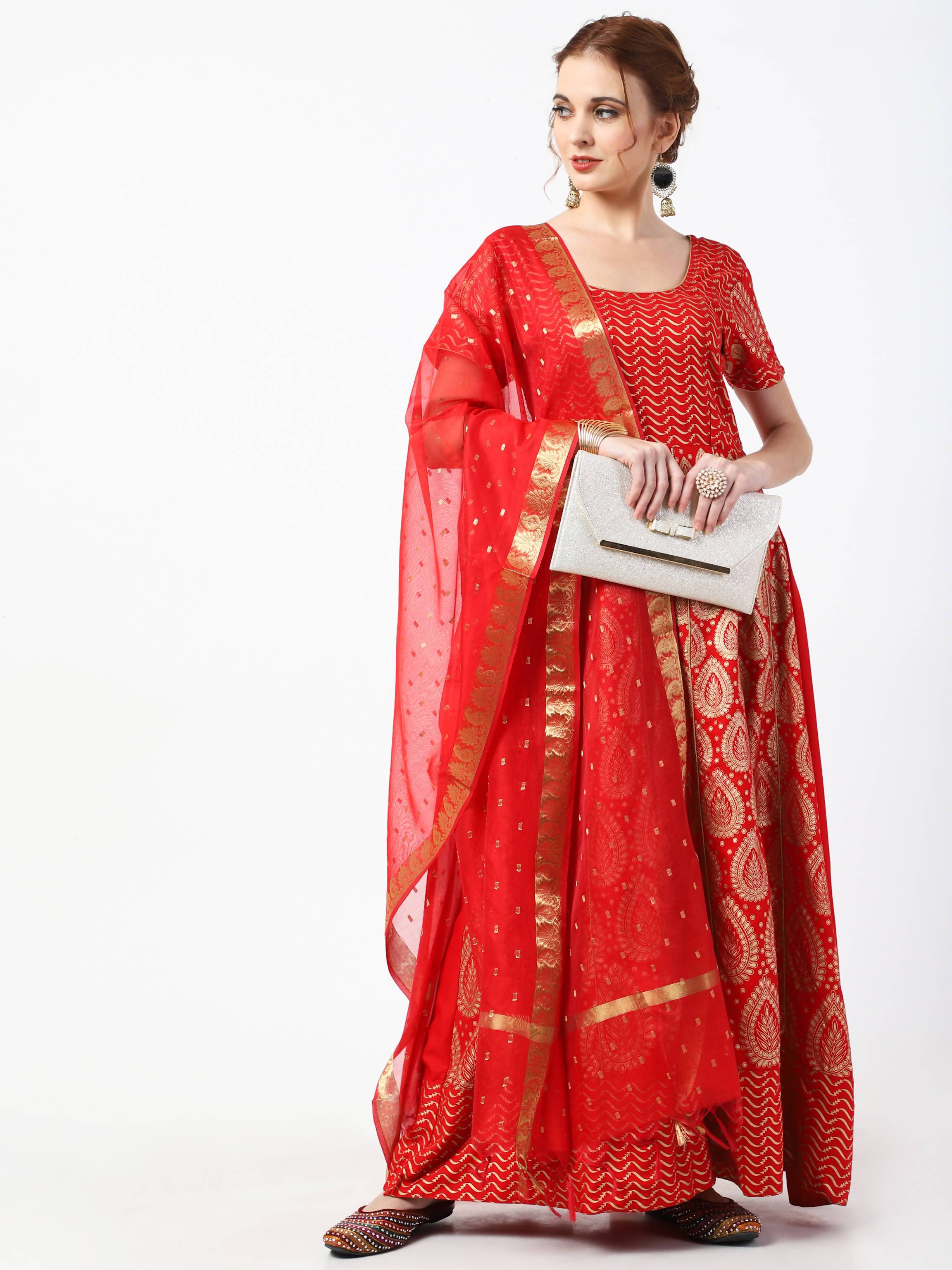 Women's Red Chanderi Silk & Rayon Hand Block Print Long Dress With Silk Dupatta Set - Cheera