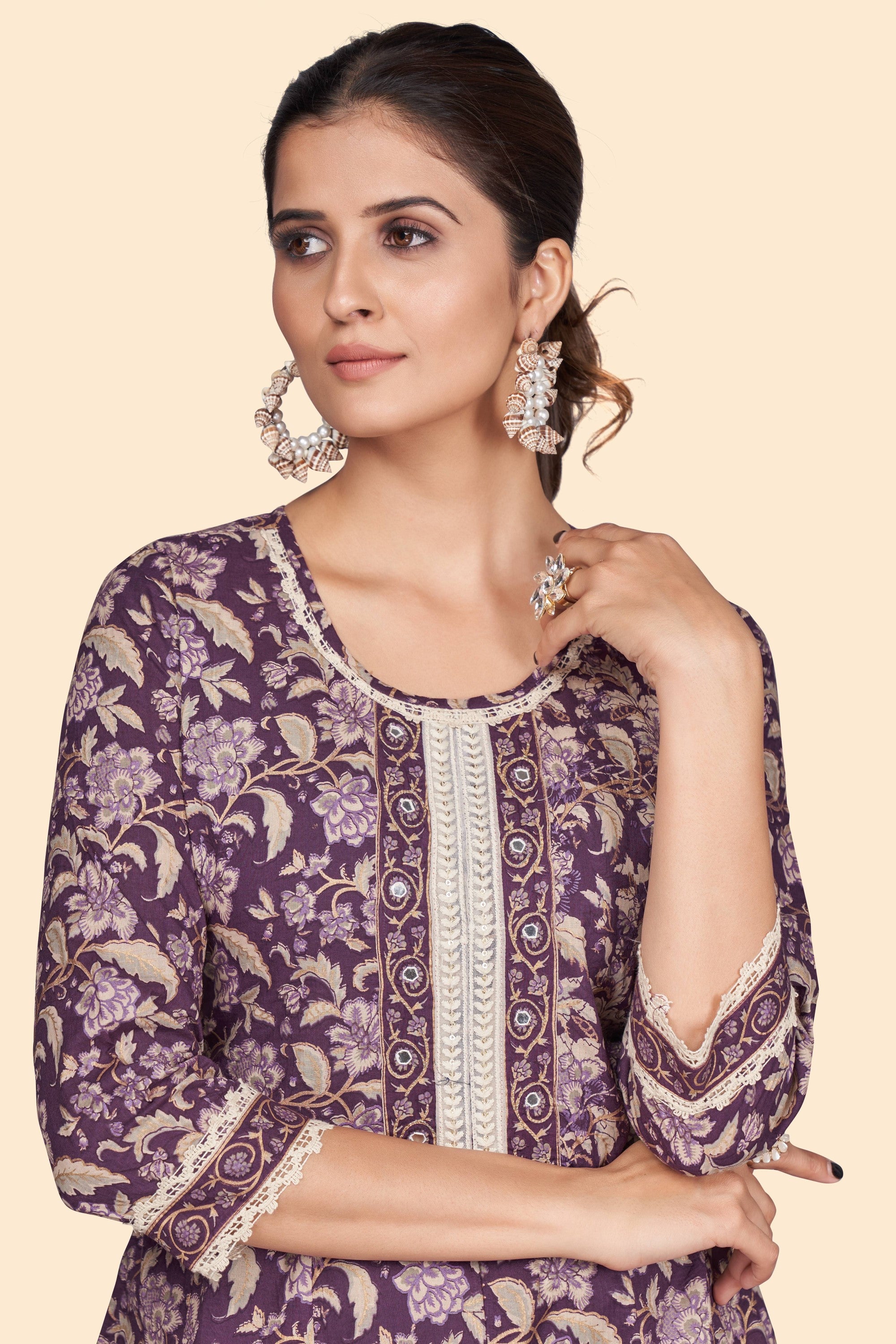 Women's Floral Print A-Line Cotton Purple Stitched Kurta - Vbuyz