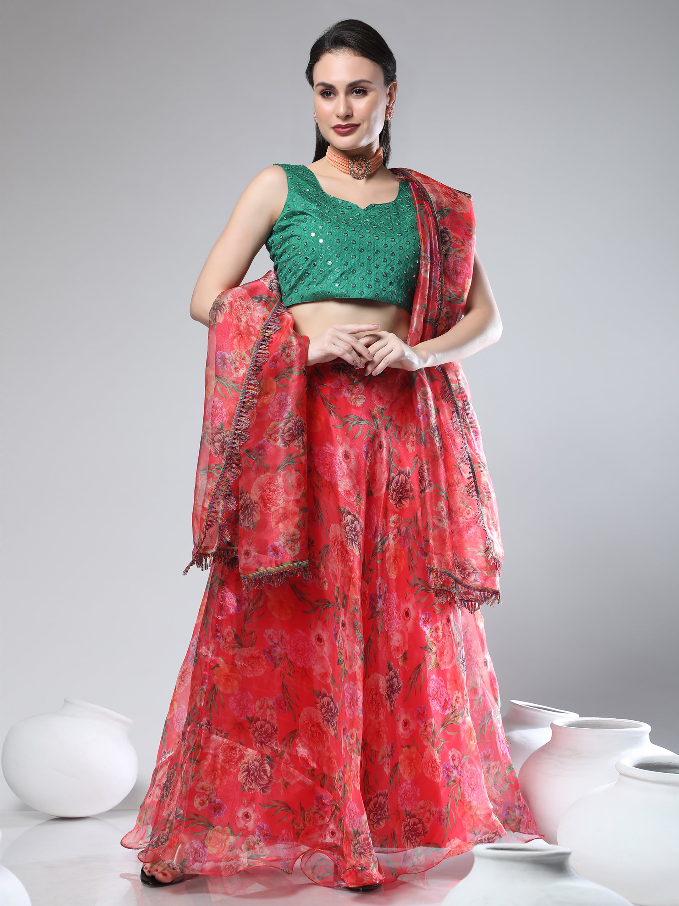 Women's Red color Semi-Stitched  Lehenga Choli with Dupatta - Embro Vision