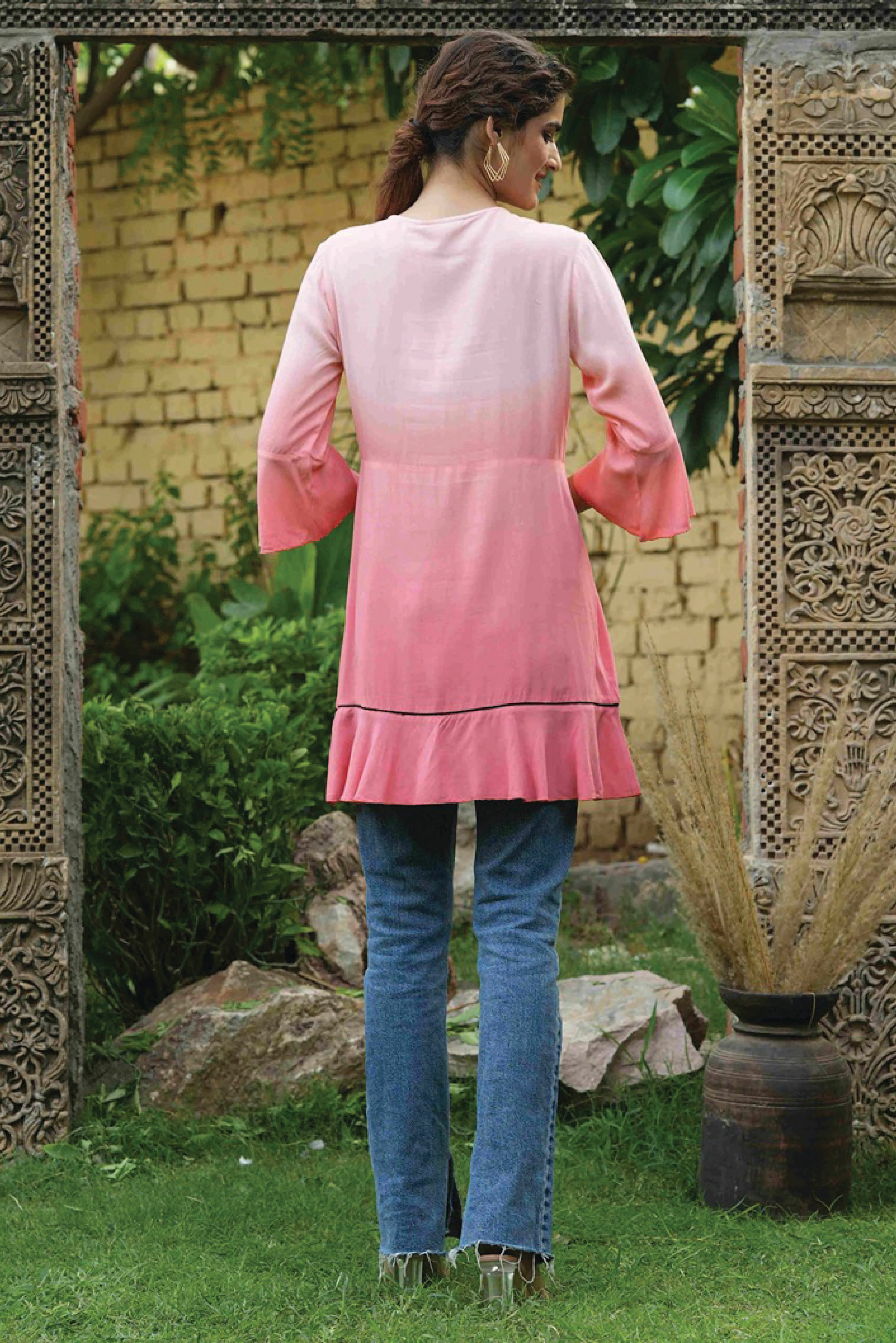 Women's  Peach Rayon Festive Embroidered Tiered Tunic For Women - Juniper