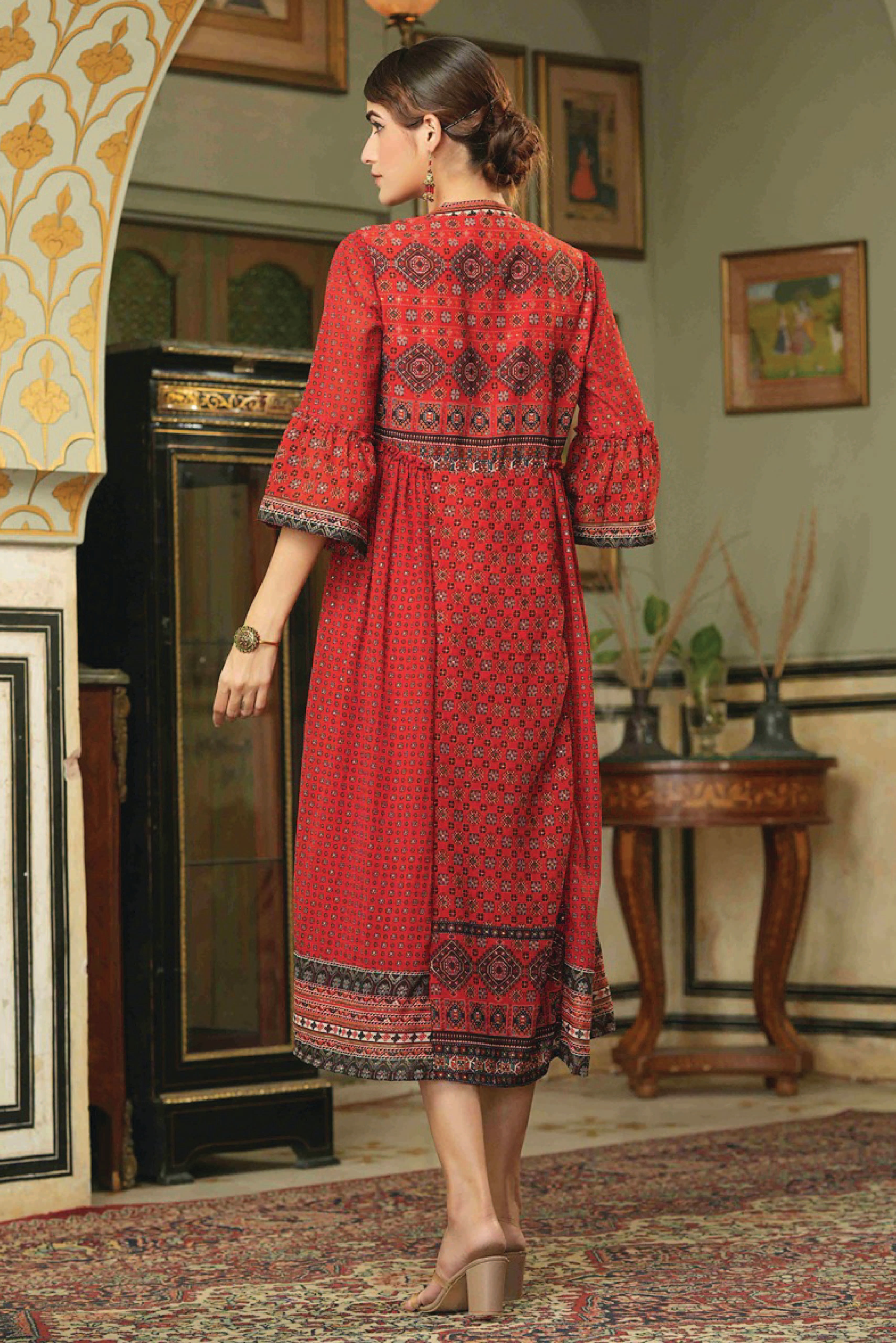 Women's  Red Georgette Festive Printed Flared Dress For Women - Juniper