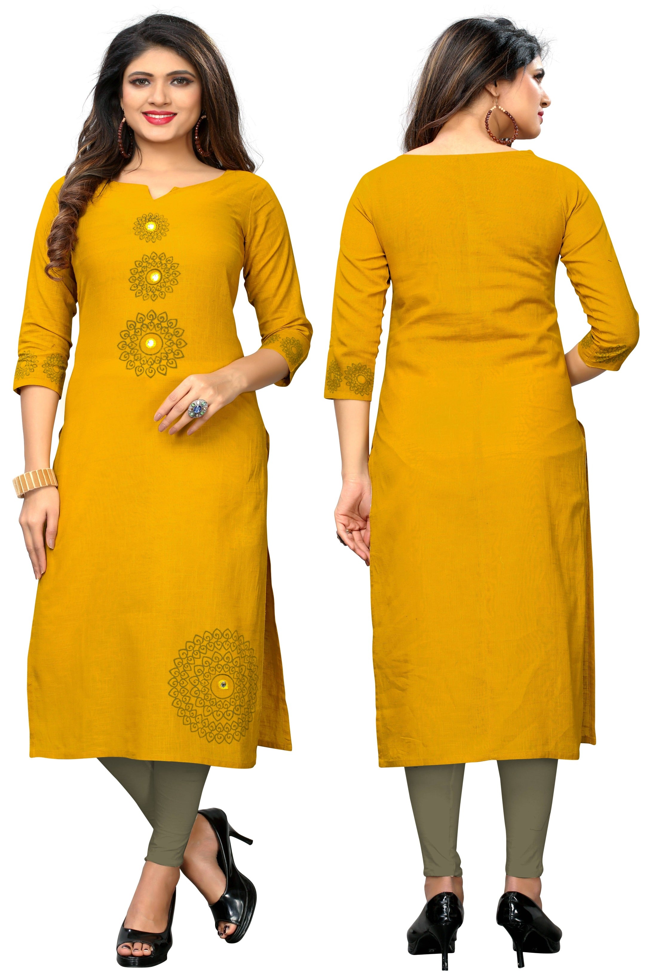 Women's Yellow Color Slub Cotton Straight Kurta Only  - Vbuyz