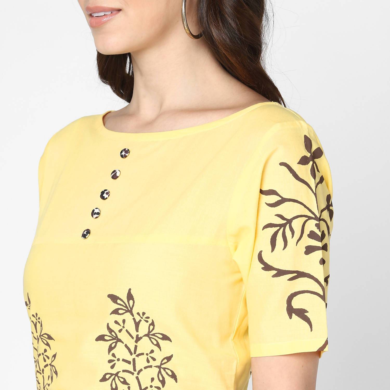 Women's Pale Yellow 100% Cotton Hand Block Print Straight Kurta Only - Cheera