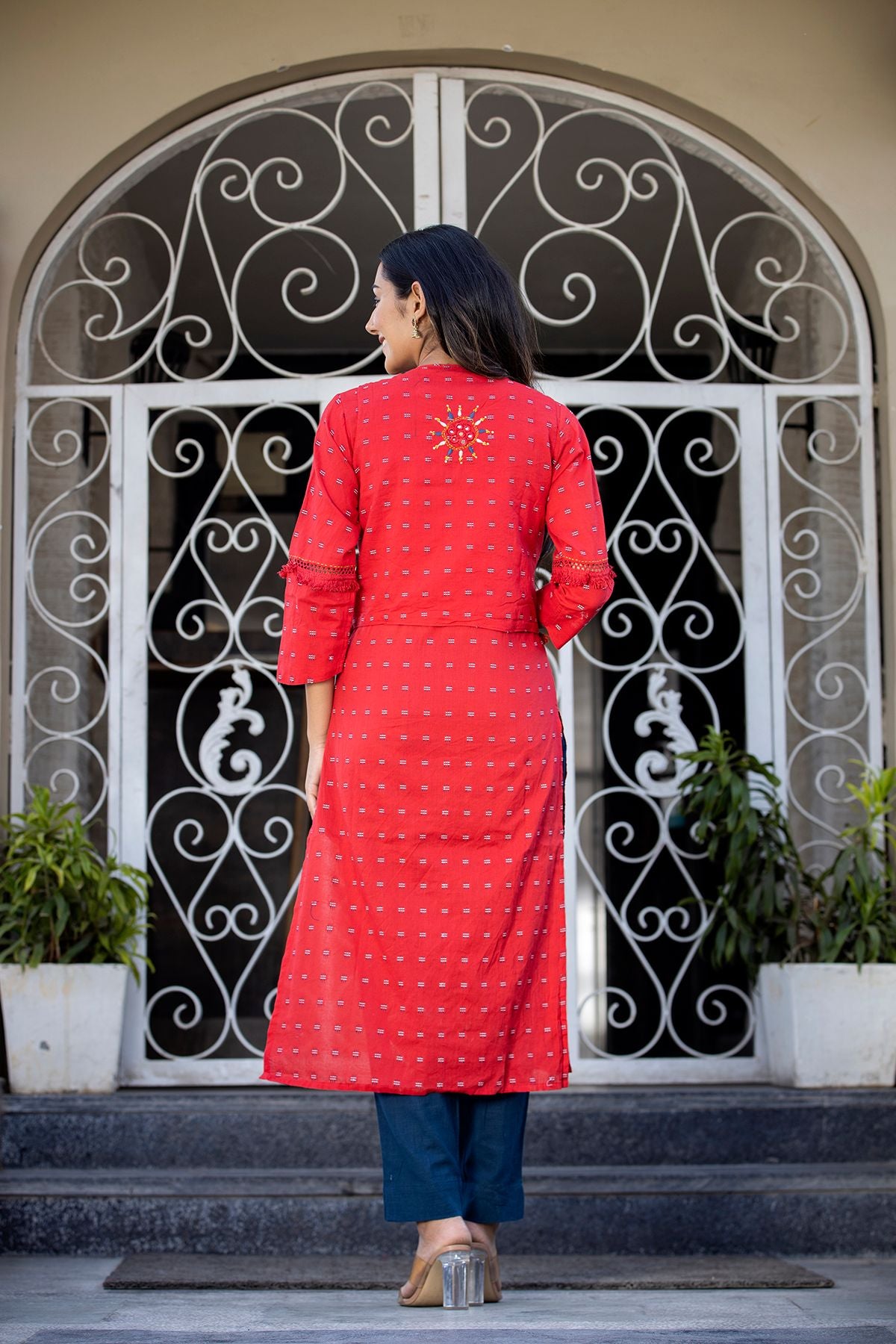 Women's Red Printed Jacket Kurta Pant Set - KAAJH