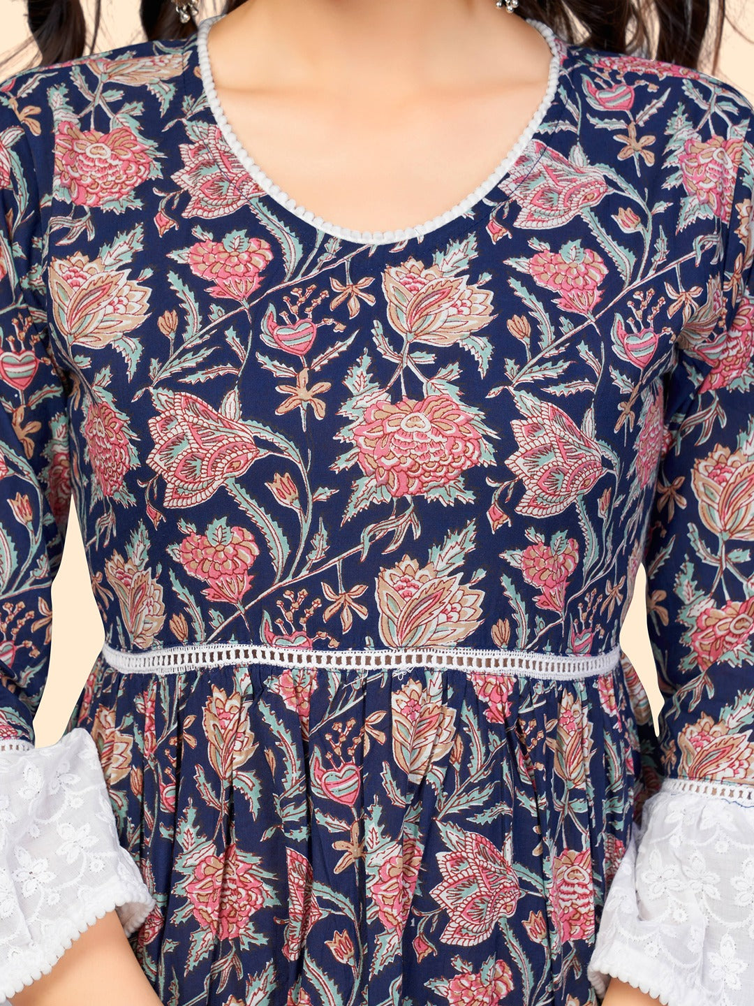 Women's Floral Print Flared Cotton Blue Stitched Dress - Vbuyz