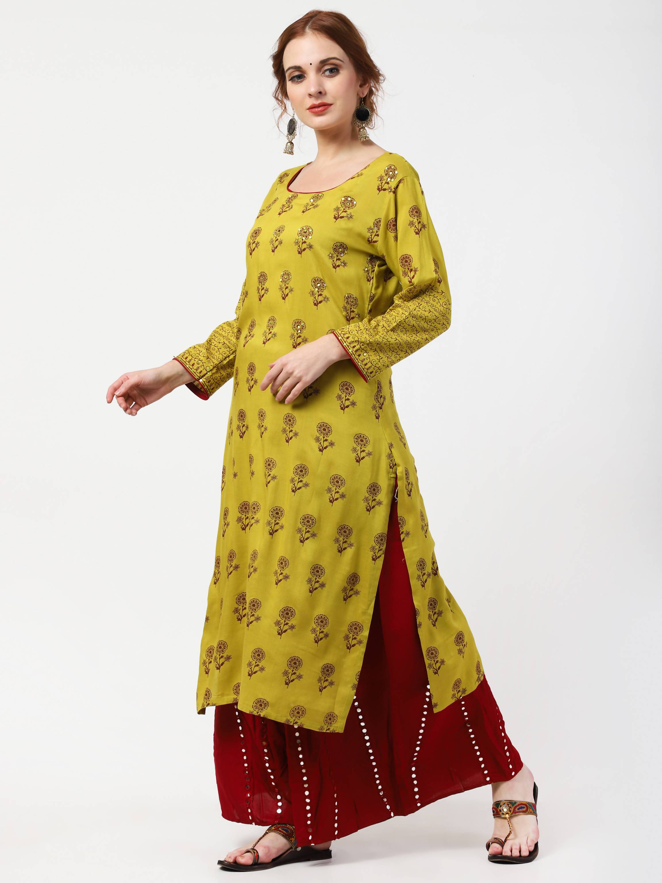 Women's Olive Yellow Rayon Straight Printed Kurta Only With Sequin Work - Cheera