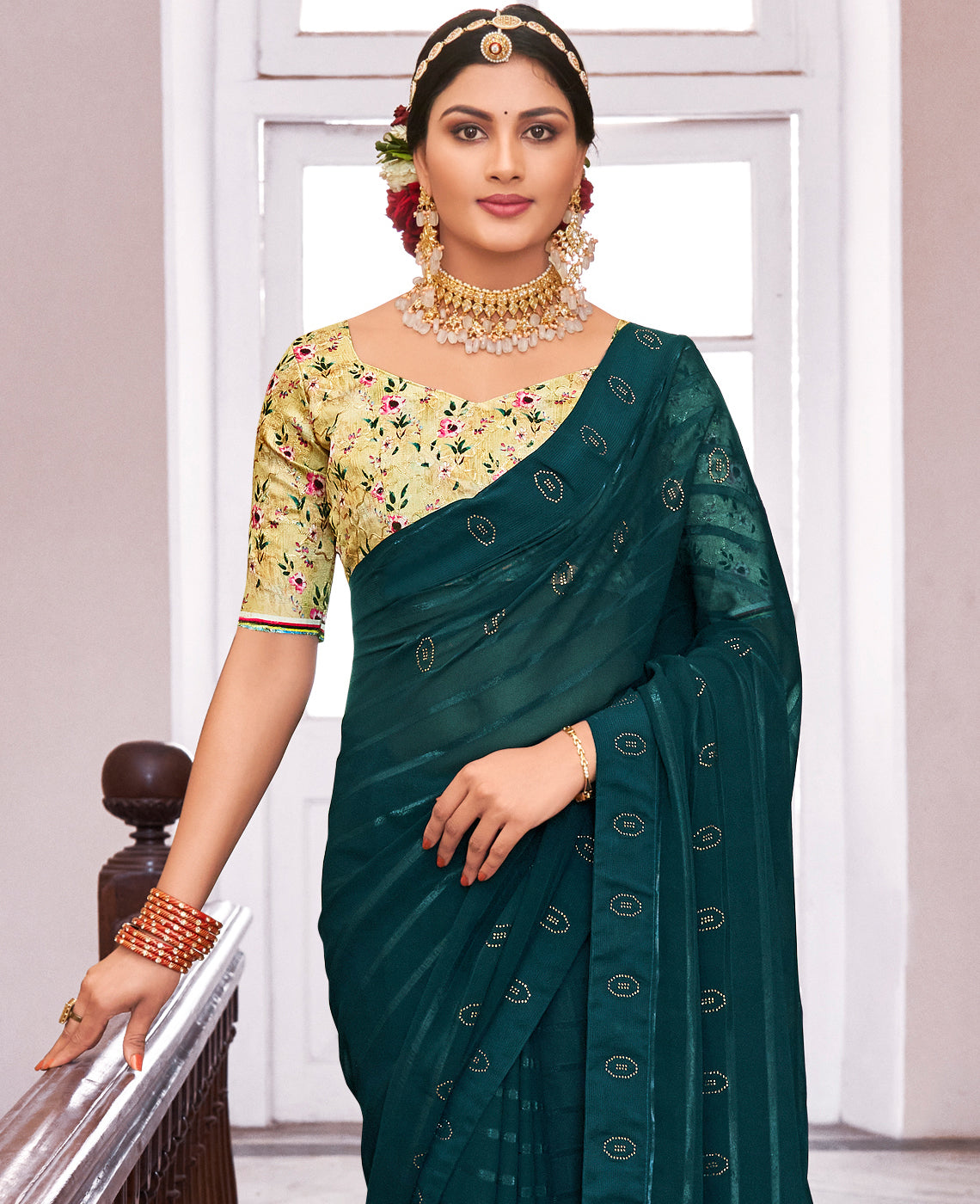 Women's Teal Georgette Design Saree With Unstitched Blouse Piece - Navyaa