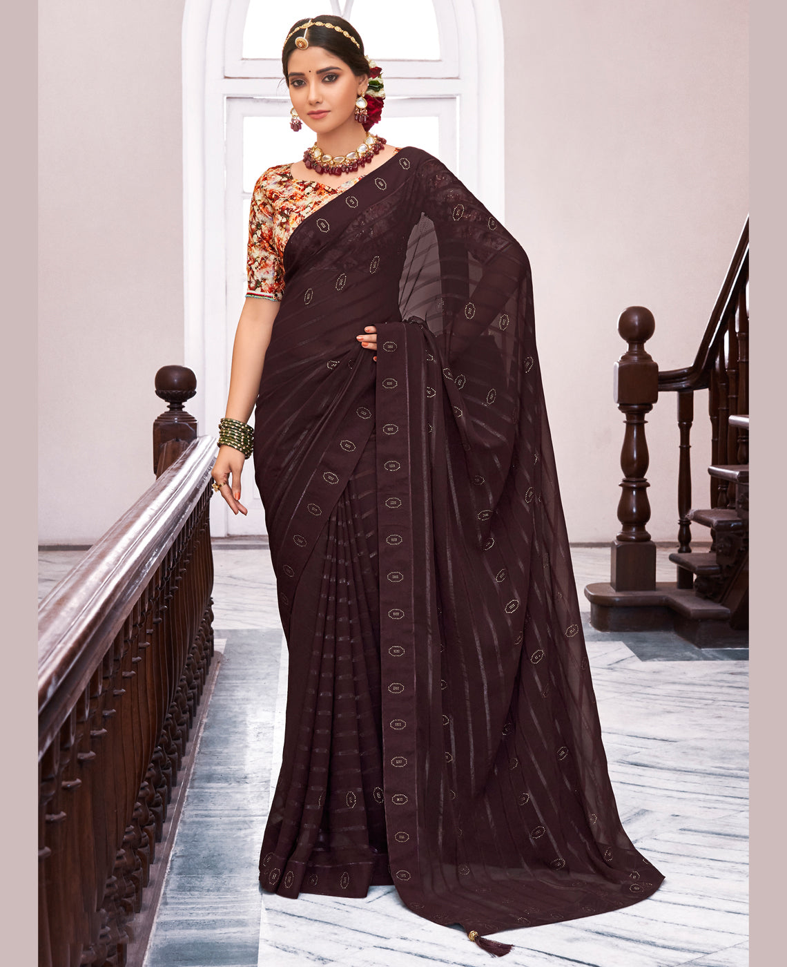 Women's Brown Georgette Design Saree With Unstitched Blouse Piece - Navyaa