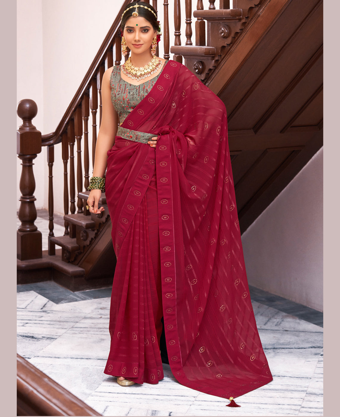 Women's Maroon Georgette Design Saree With Unstitched Blouse Piece - Navyaa