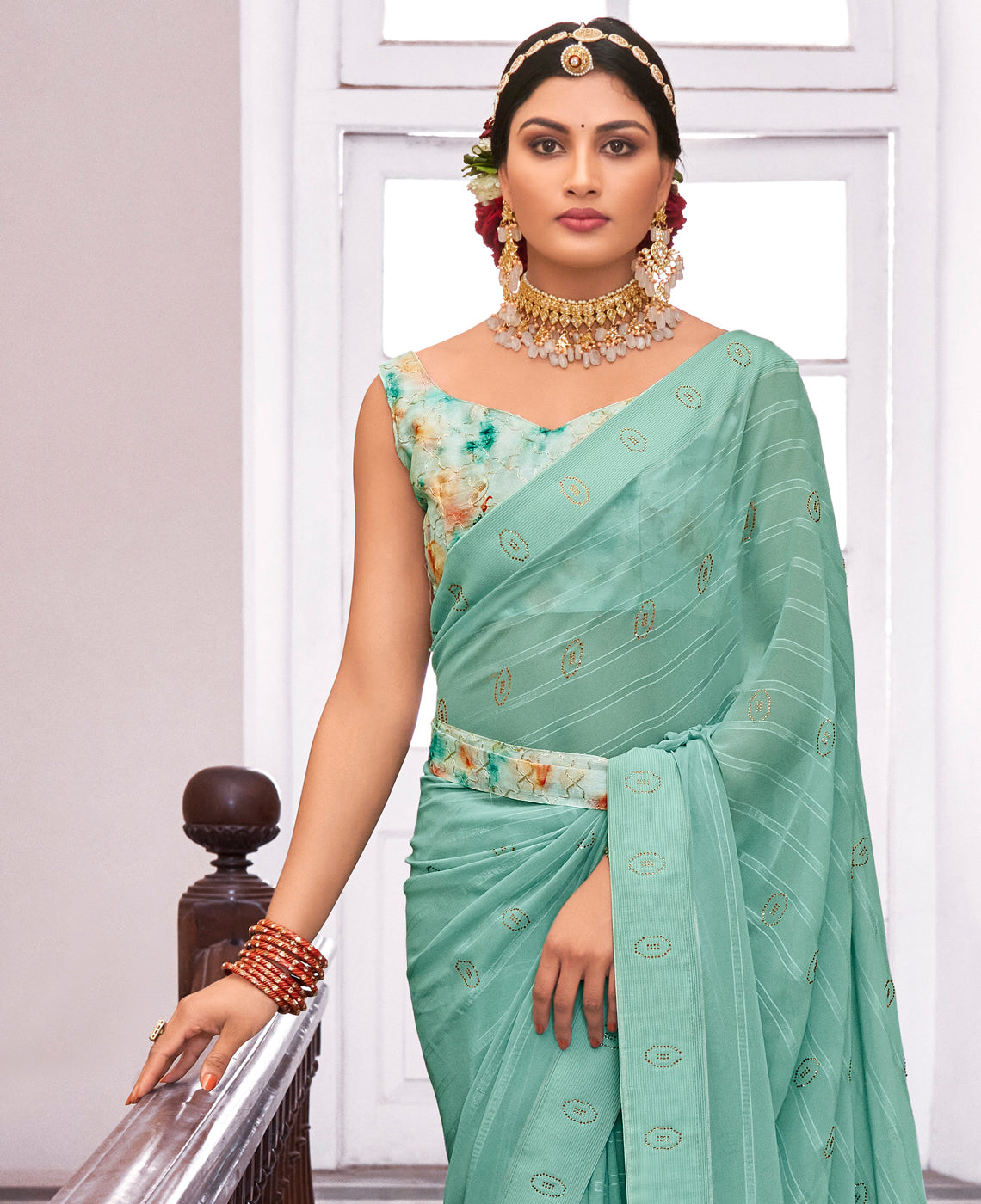 Women's Sea Green Georgette Design Saree With Unstitched Blouse Piece - Navyaa