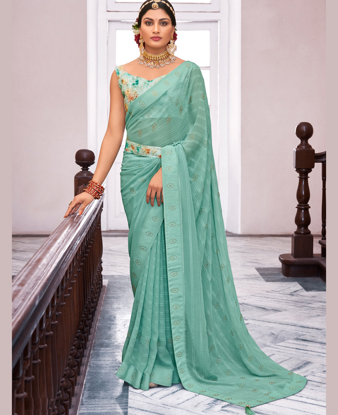 Women's Sea Green Georgette Design Saree With Unstitched Blouse Piece - Navyaa