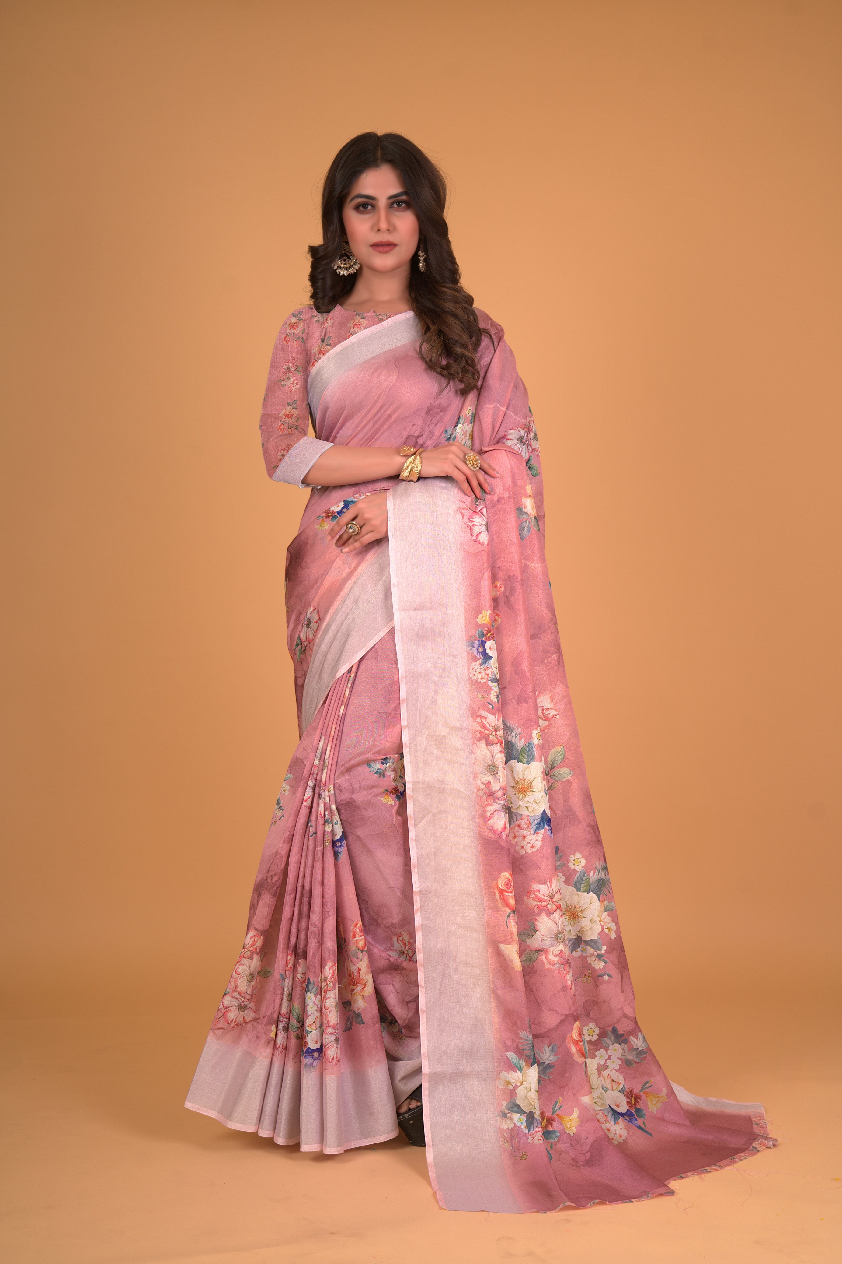 Women's Mauve Cotton Silk Floral Printed Saree With Unstitched Blouse Piece - Navyaa