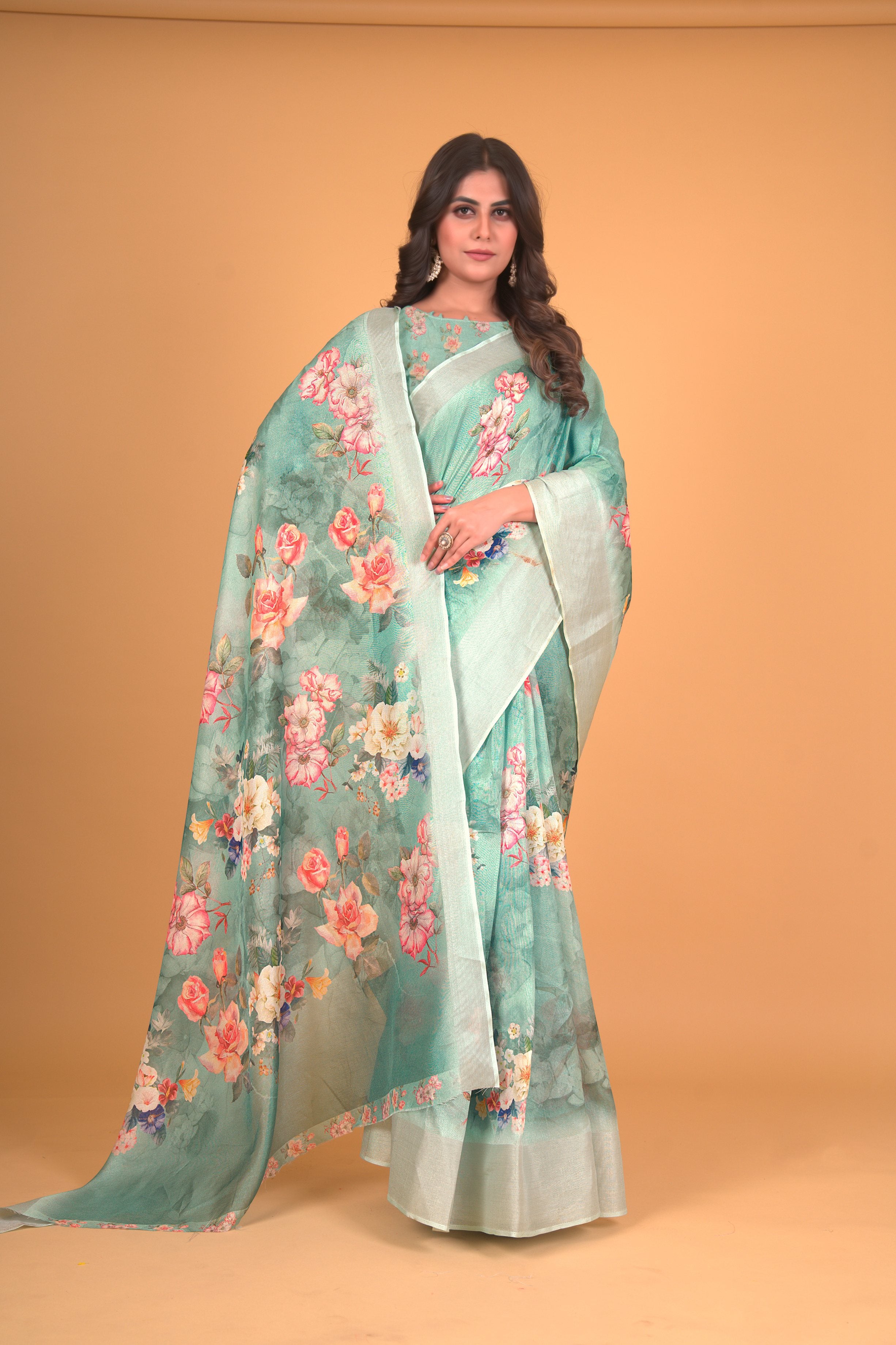 Women's Sea Green Cotton Silk Floral Printed Saree With Unstitched Blouse Piece - Navyaa